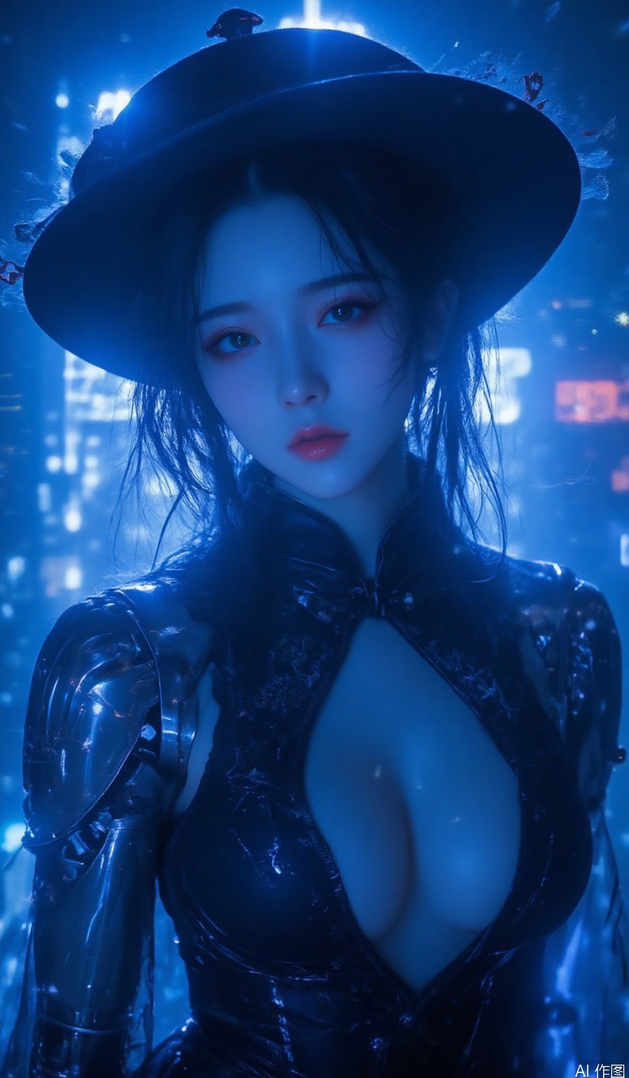 1girl, solo, dress, chinese clothes, black dress, robotic arms,hat, cyborg, cleavage, cyberpunk, blue style, neon lights,over the city,glowing
