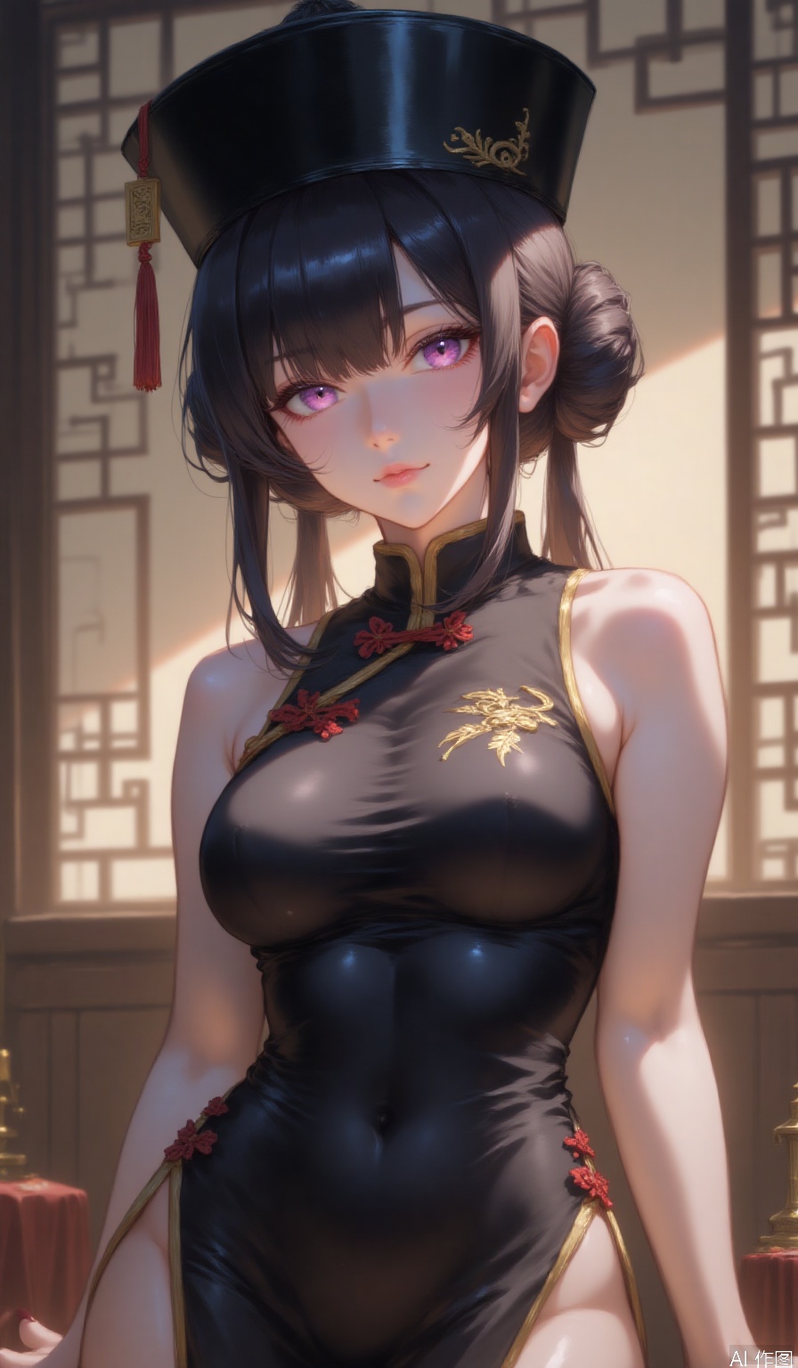 1girl, solo, looking at viewer, bangs, large breasts, black hair, hat, dress, bare shoulders, purple eyes, cowboy shot, parted lips, sleeveless, indoors, hair bun, nail polish, black dress, lips, bare arms, black headwear, double bun, covered navel, sleeveless dress, chinese clothes, china dress, pelvic curtain, 