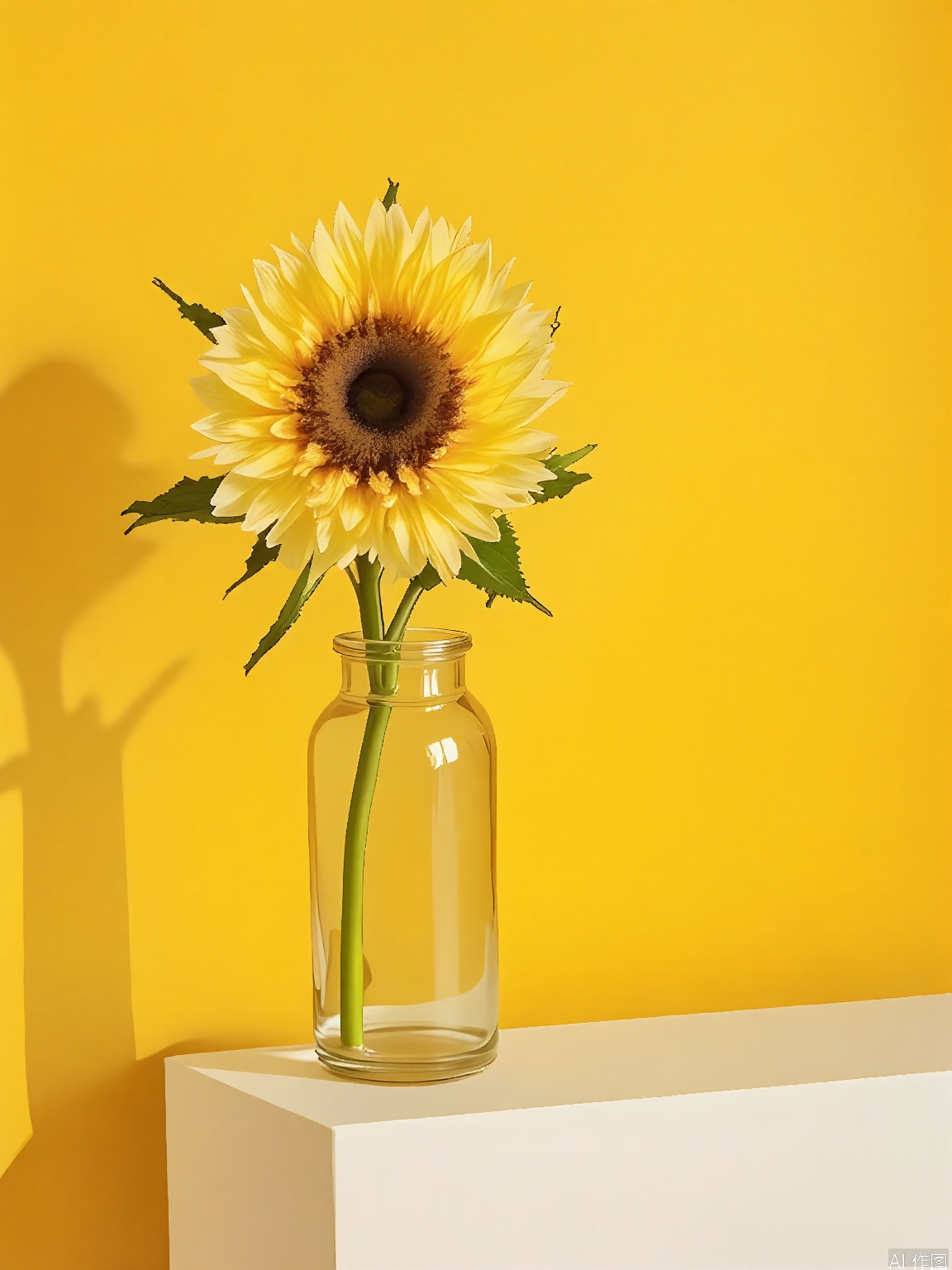 JWCJ,
A photograph of a minimalist composition featuring a single sunflower in a tall, narrow glass vase, placed against a bright yellow background. The sunflower’s large, golden petals radiate outward, while its green stem and leaves add contrast. The vase rests on a white, rectangular surface, while the background’s bold color intensifies the sunflower’s vibrancy. The lighting is warm, emphasizing the flower’s cheerful presence.