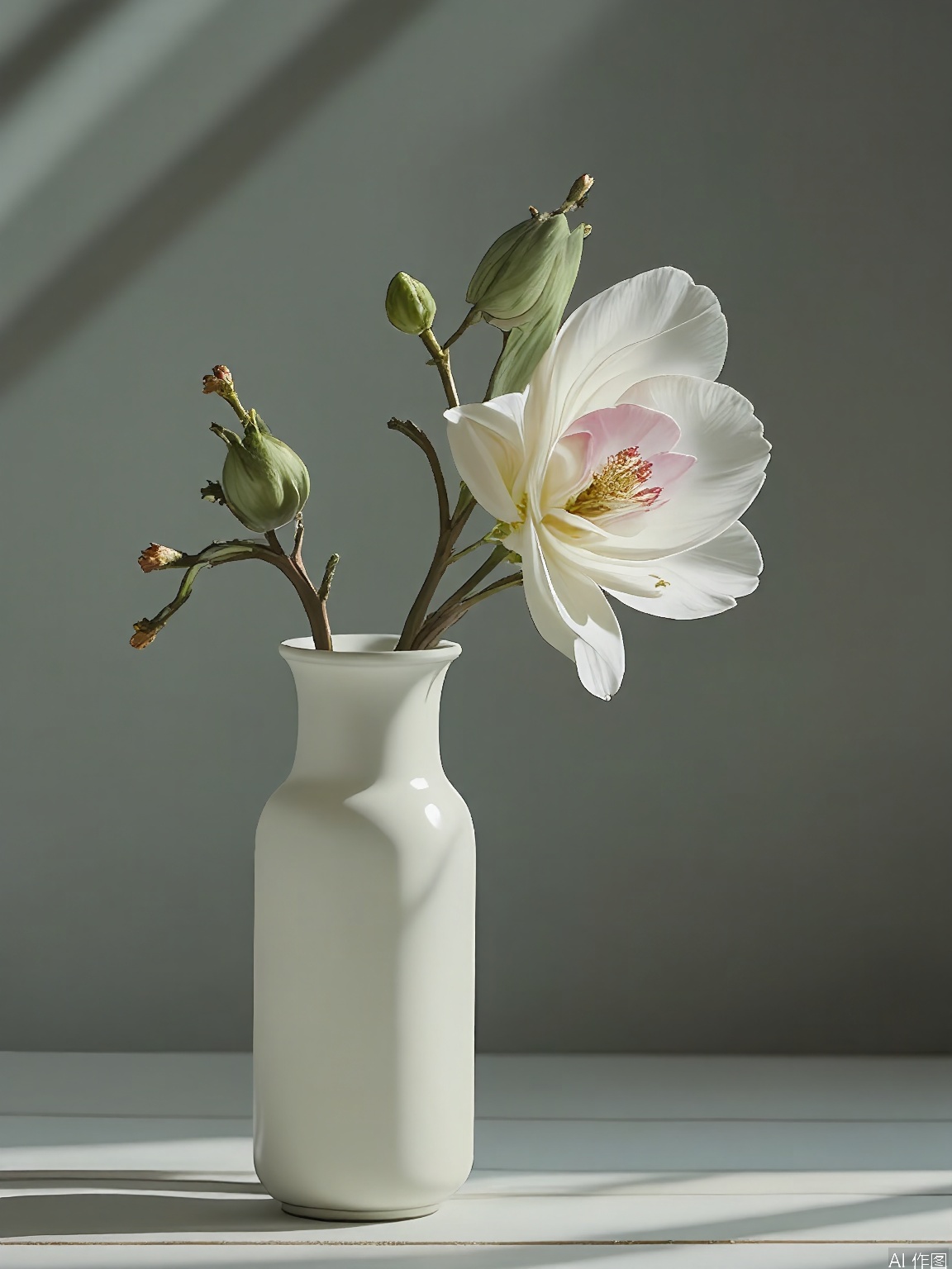 JWCJ,
A photograph of a serene scene with a branch of magnolia blossoms in a low, wide vase, positioned diagonally on a light wooden deck. The blossoms are large and creamy white, with a hint of pink at the edges. The background is a soft, greenish-gray, enhancing the flowers’ natural beauty. Soft, natural light filters through the blossoms, casting delicate shadows on the deck.