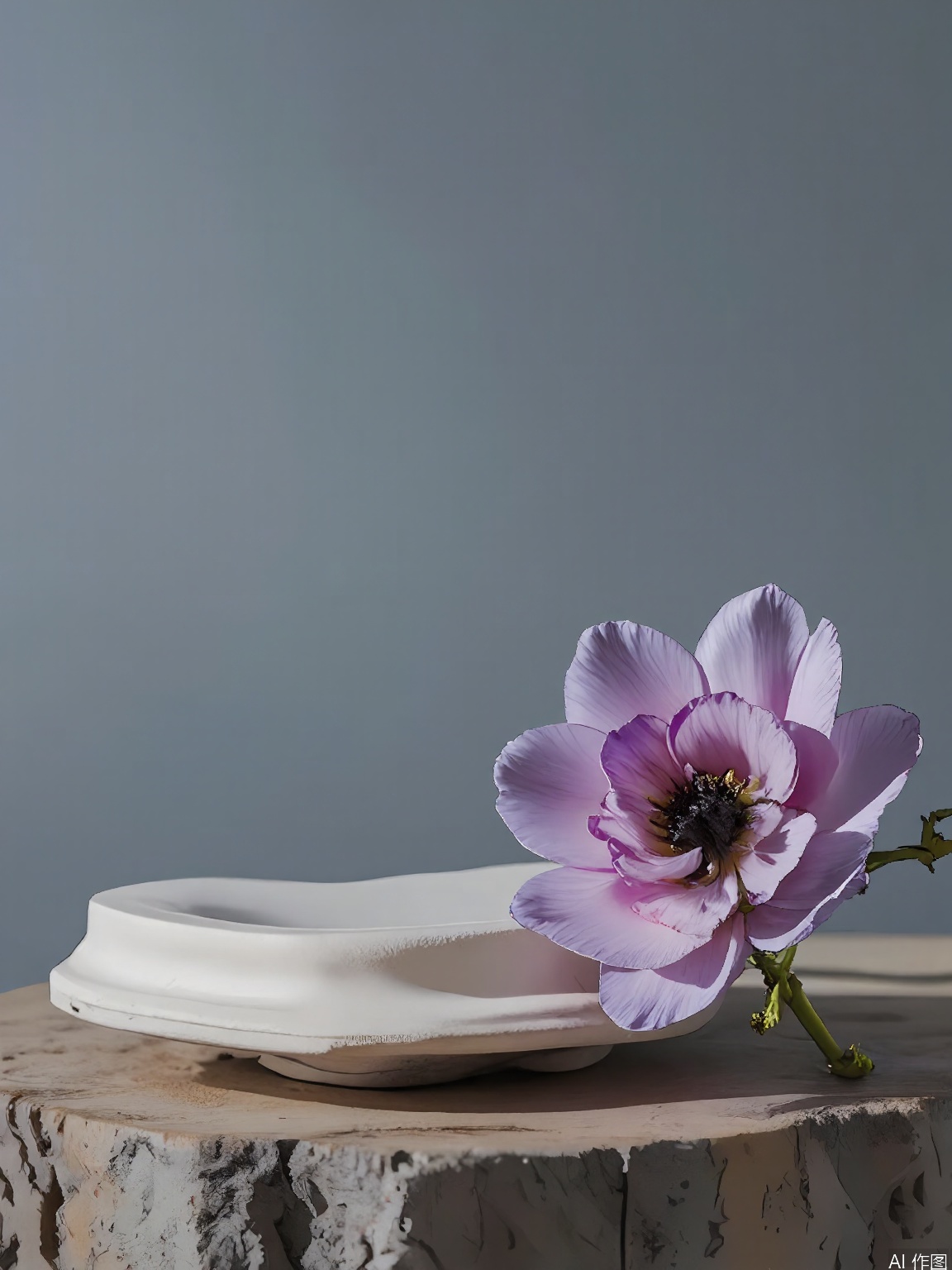 JWCJ,
A photograph of a minimalist composition featuring a single anemone flower in a shallow, round dish, placed against a soft, gray-blue background. The anemone’s dark center and vibrant purple petals create a striking contrast, while the dish’s simple design adds to the elegance. The flower rests on a textured wooden surface, while gentle lighting emphasizes its intricate details.