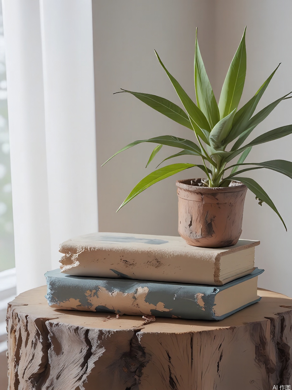 JWCJ,
A photograph of a simple still life featuring a stack of old books with a potted succulent on top, placed on a wooden shelf. The books’ weathered covers and the succulent’s green leaves create a harmonious blend of textures. The shelf is set against a soft, white wall, while natural light from a nearby window casts gentle shadows. The composition is cozy and inviting, with a focus on rustic charm.