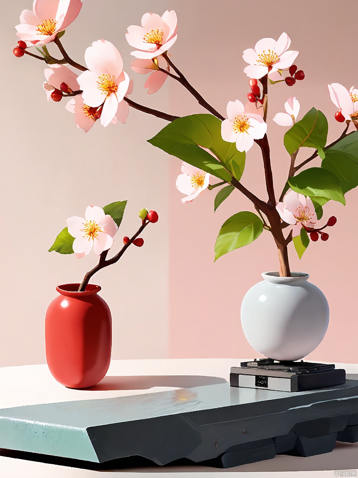 JWCJ, A photograph of a serene scene with a branch of cherry blossoms in a low, rectangular vase, positioned diagonally on a light gray slate surface. The blossoms are delicate and pale pink, with green leaves adding a touch of contrast. The background is a muted white, allowing the flowers to take center stage. Soft, diffused light highlights the blossoms’ intricate details and the vase’s clean lines.
