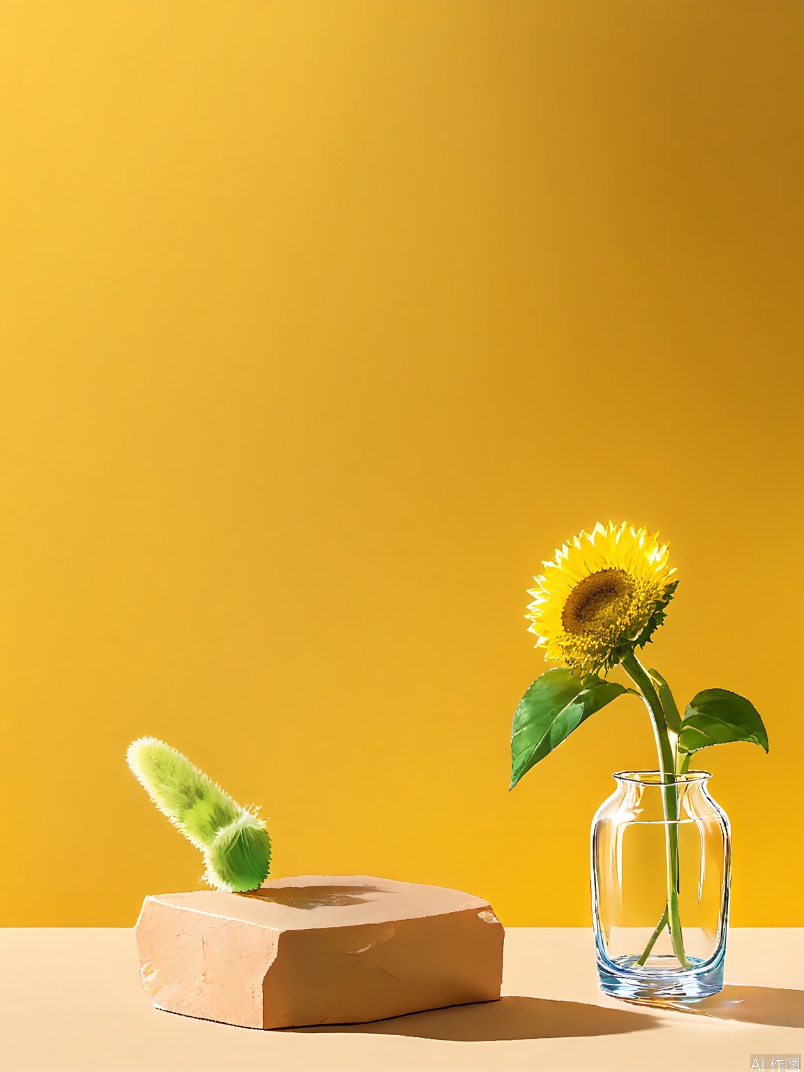 JWCJ, A photograph of a minimalist composition featuring a single sunflower in a tall, narrow glass vase, placed against a bright yellow background. The sunflower’s large, golden petals radiate outward, while its green stem and leaves add contrast. The vase rests on a white, rectangular surface, while the background’s bold color intensifies the sunflower’s vibrancy. The lighting is warm, emphasizing the flower’s cheerful presence

