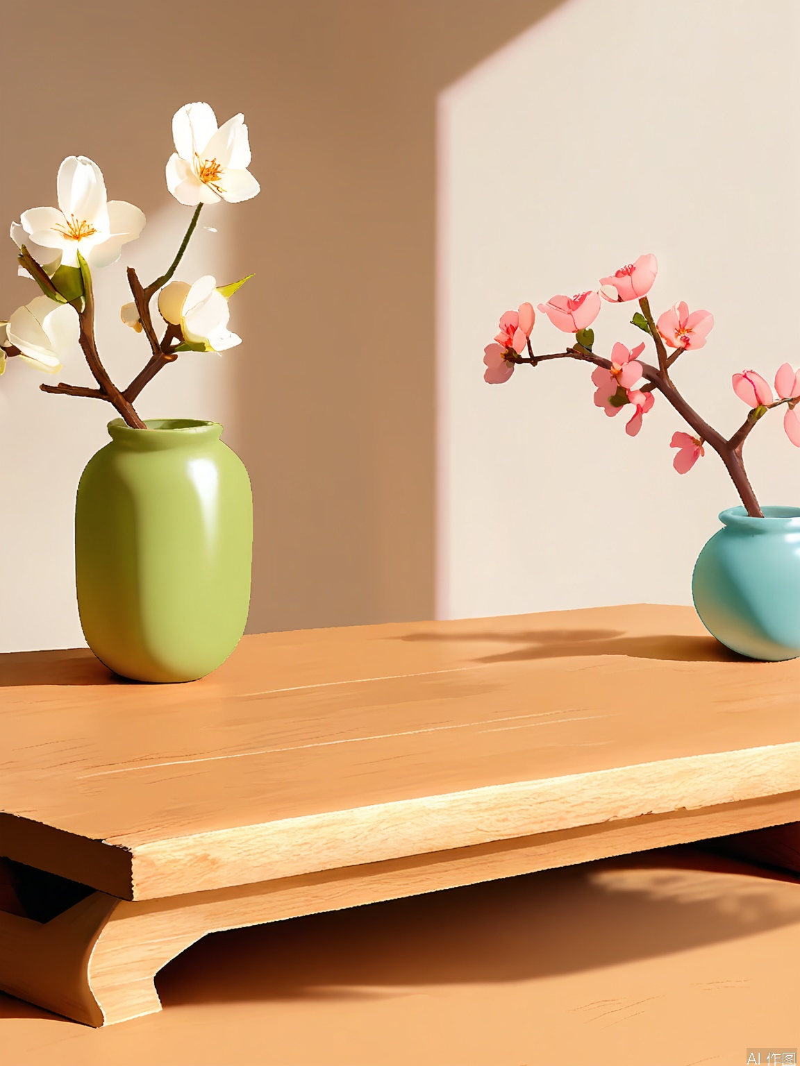 JWCJ, A photograph of a serene scene with a branch of magnolia blossoms in a low, wide vase, positioned diagonally on a light wooden deck. The blossoms are large and creamy white, with a hint of pink at the edges. The background is a soft, greenish-gray, enhancing the flowers’ natural beauty. Soft, natural light filters through the blossoms, casting delicate shadows on the deck.

