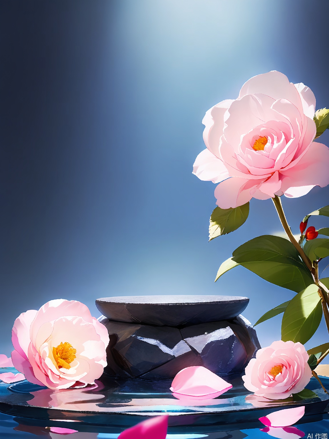 JWCJ, A photograph of an elegant setup with a single peony in full bloom, placed in a shallow, round bowl filled with water. The peony’s layers of soft pink petals create a lush, romantic feel, while the bowl rests on a polished black stone surface. The background is a pale lavender, enhancing the flower’s delicate color. Soft, warm lighting casts gentle shadows, adding depth to the composition.

