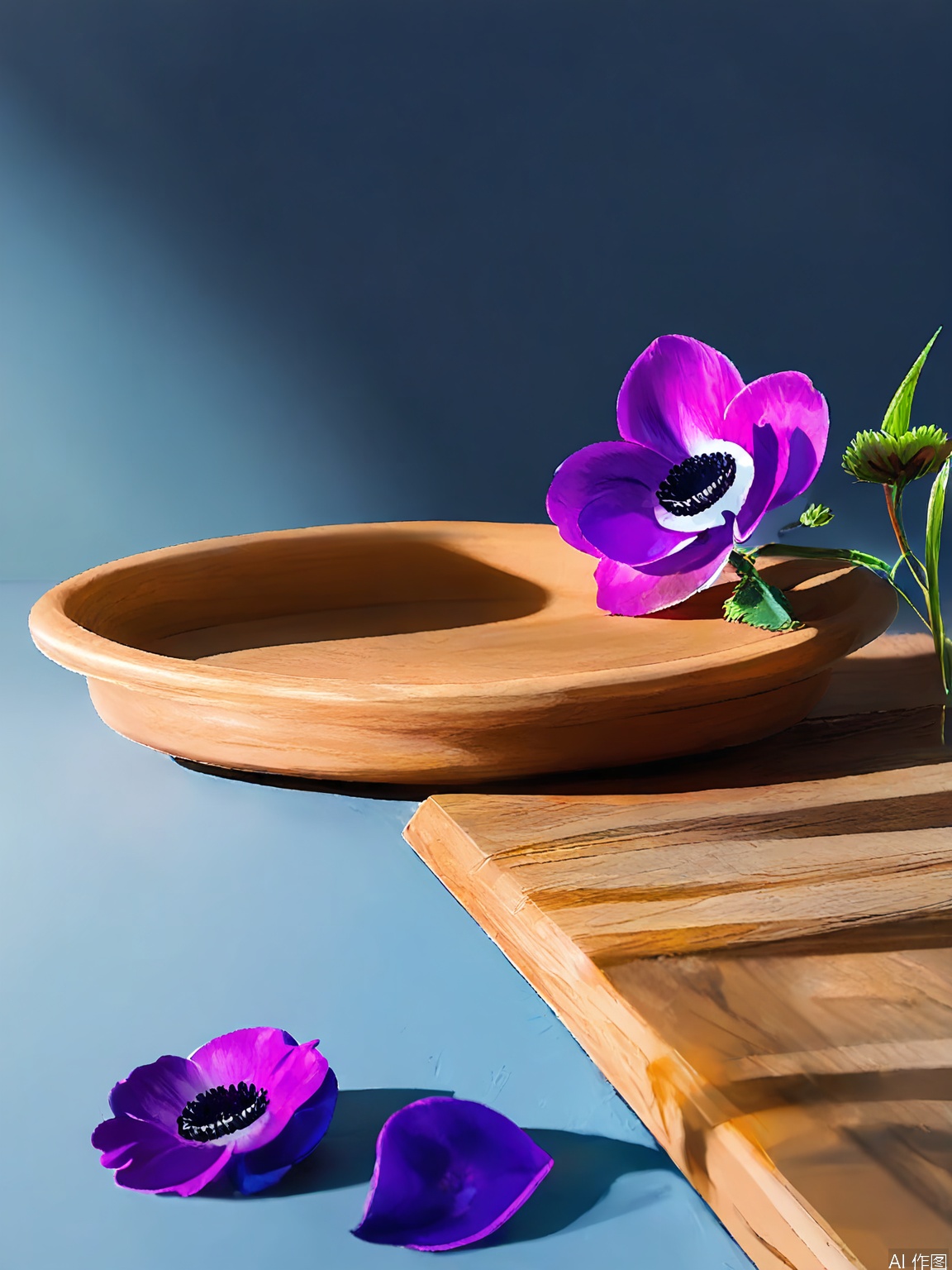 JWCJ, A photograph of a minimalist composition featuring a single anemone flower in a shallow, round dish, placed against a soft, gray-blue background. The anemone’s dark center and vibrant purple petals create a striking contrast, while the dish’s simple design adds to the elegance. The flower rests on a textured wooden surface, while gentle lighting emphasizes its intricate details.
