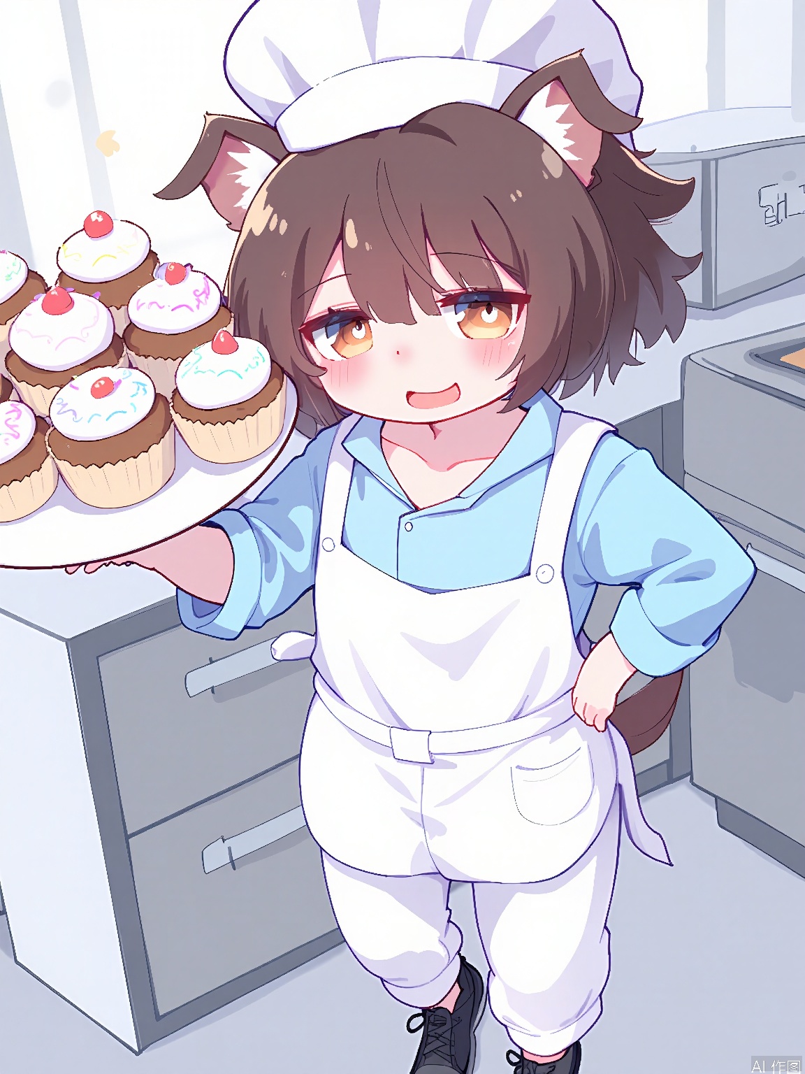 MMD, Anime-style drawing of a cheerful young chef with short, brown hair and pig ears (as a playful twist), wearing a white chef's hat, a white apron over a blue chef's uniform, and black chef's shoes. He is holding a platter of delicious-looking cupcakes, smiling proudly, one hand on his hip. The background is a bright, modern kitchen with stainless steel appliances. The chef has warm, brown eyes and a round face. The drawing has a vibrant, food-themed color palette.