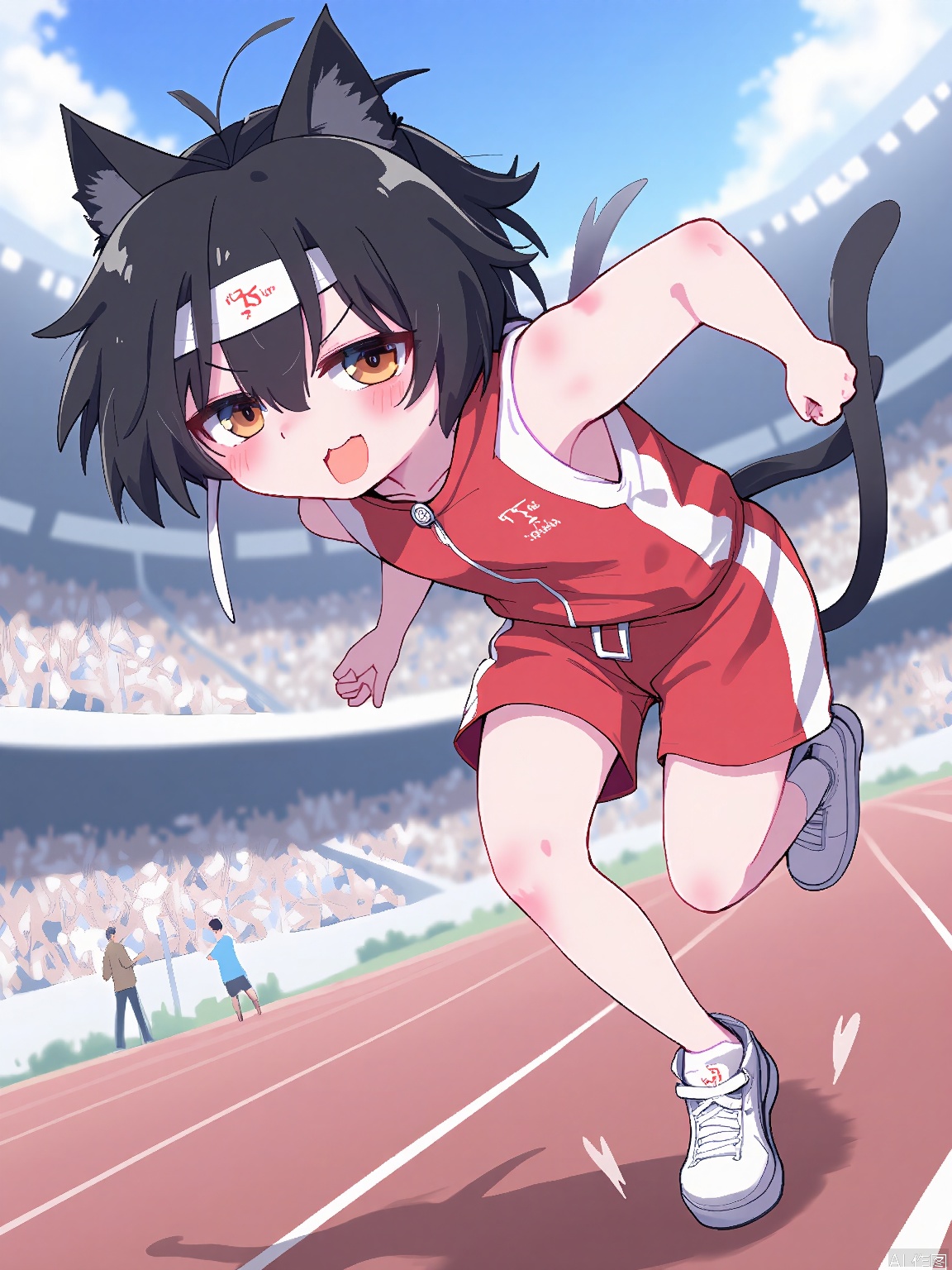 MMD, Anime-style drawing of a determined young athlete with short, black hair and cheetah ears (for speed and agility), wearing a red and white track uniform, running shoes, and a headband. He is running on a track, his muscles tense, his eyes fixed on the finish line. The background is a sports stadium with a cheering crowd. The athlete has intense, dark brown eyes and a competitive spirit. The drawing has a dynamic, sporty color palette.