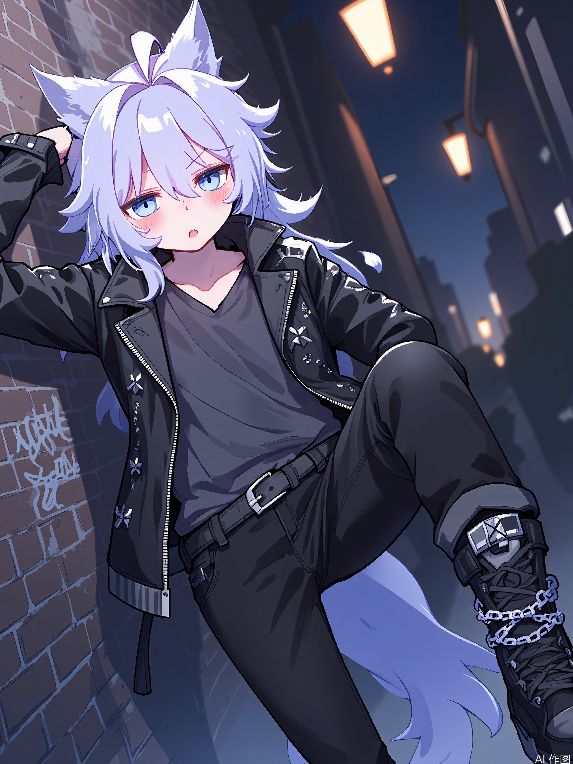 MMD, Anime-style drawing of a charming young man with long, silver hair and wolf ears, wearing a black leather jacket with silver studs, black jeans, and combat boots with silver chains. He is leaning against a brick wall, looking cool and aloof, one hand in his pocket. The background is a dimly lit alleyway with flickering streetlights and graffiti on the walls. The man has intense, icy blue eyes and a sharp jawline. The drawing has a dark, edgy color palette.
