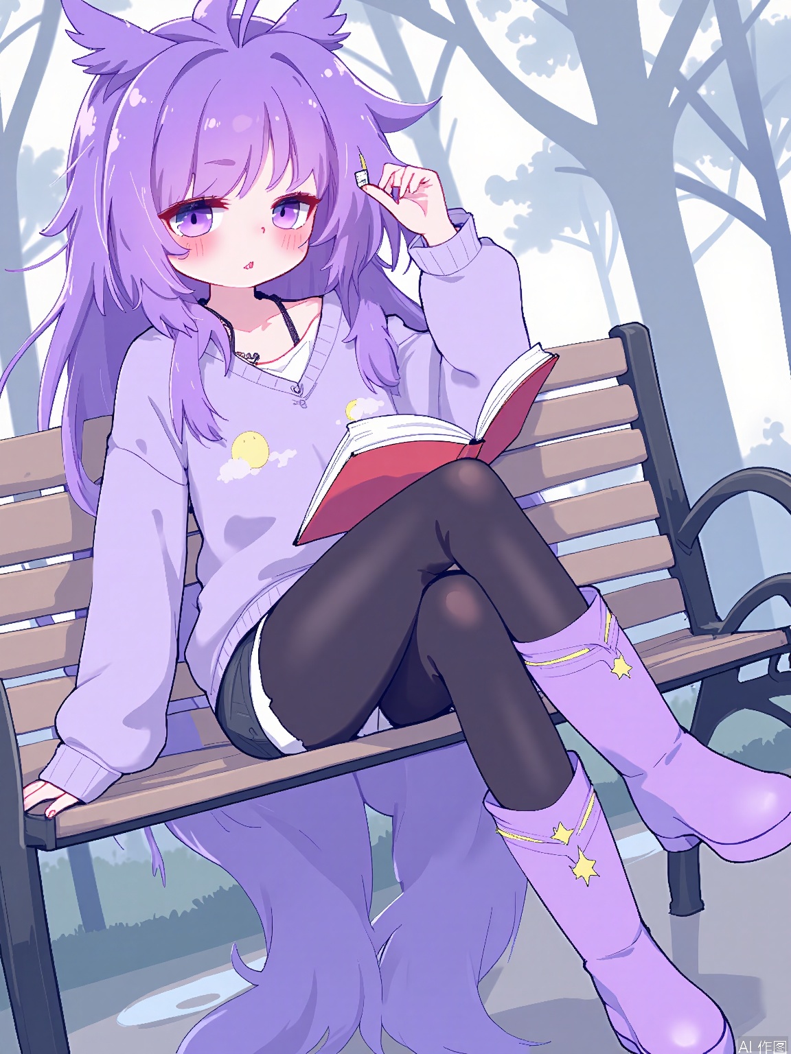 MMD, Anime-style drawing of a cute teenage girl with long, purple hair and owl ears, wearing a lavender sweater with a moon pattern, black leggings, and purple boots with star decorations. She is sitting on a park bench, reading a book with a thoughtful expression, one hand holding a bookmark. The background is a peaceful park with trees and a small pond. The girl has large, wise purple eyes and a gentle smile. The drawing has a calm, mystical color palette.
