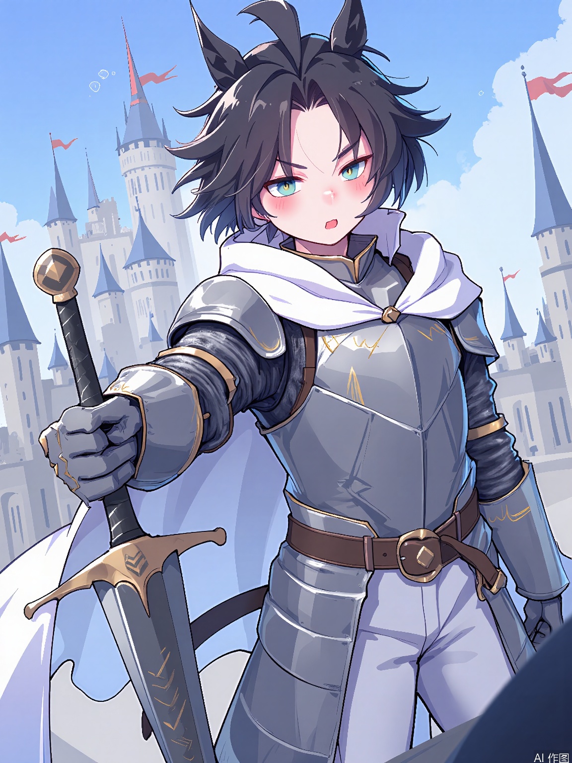 MMD, Anime-style drawing of a dashing young knight with short, black hair and horse ears (as a unique fantasy twist), wearing a silver armor with gold accents, a white cape, and black leather boots. He is standing on a castle balcony, looking out over the kingdom with a sense of duty, one hand on the hilt of his sword. The background is a medieval castle with towering walls and a flag fluttering in the wind. The knight has piercing, green eyes and a strong, chiseled face. The drawing has a regal, metallic color palette.
