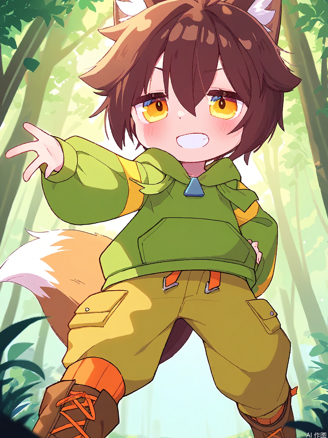 MMD, Anime-style drawing of a cute young boy with spiky, chestnut brown hair and fox ears, wearing a green hoodie with yellow stripes, khaki cargo pants, and brown boots with orange laces. He is standing on a hilltop, gazing at the horizon with a determined look, one hand on his hip. The background is a lush, green forest with rays of sunlight filtering through the trees. The boy has bright, curious hazel eyes and a mischievous grin. The drawing has a warm, earthy color palette.

