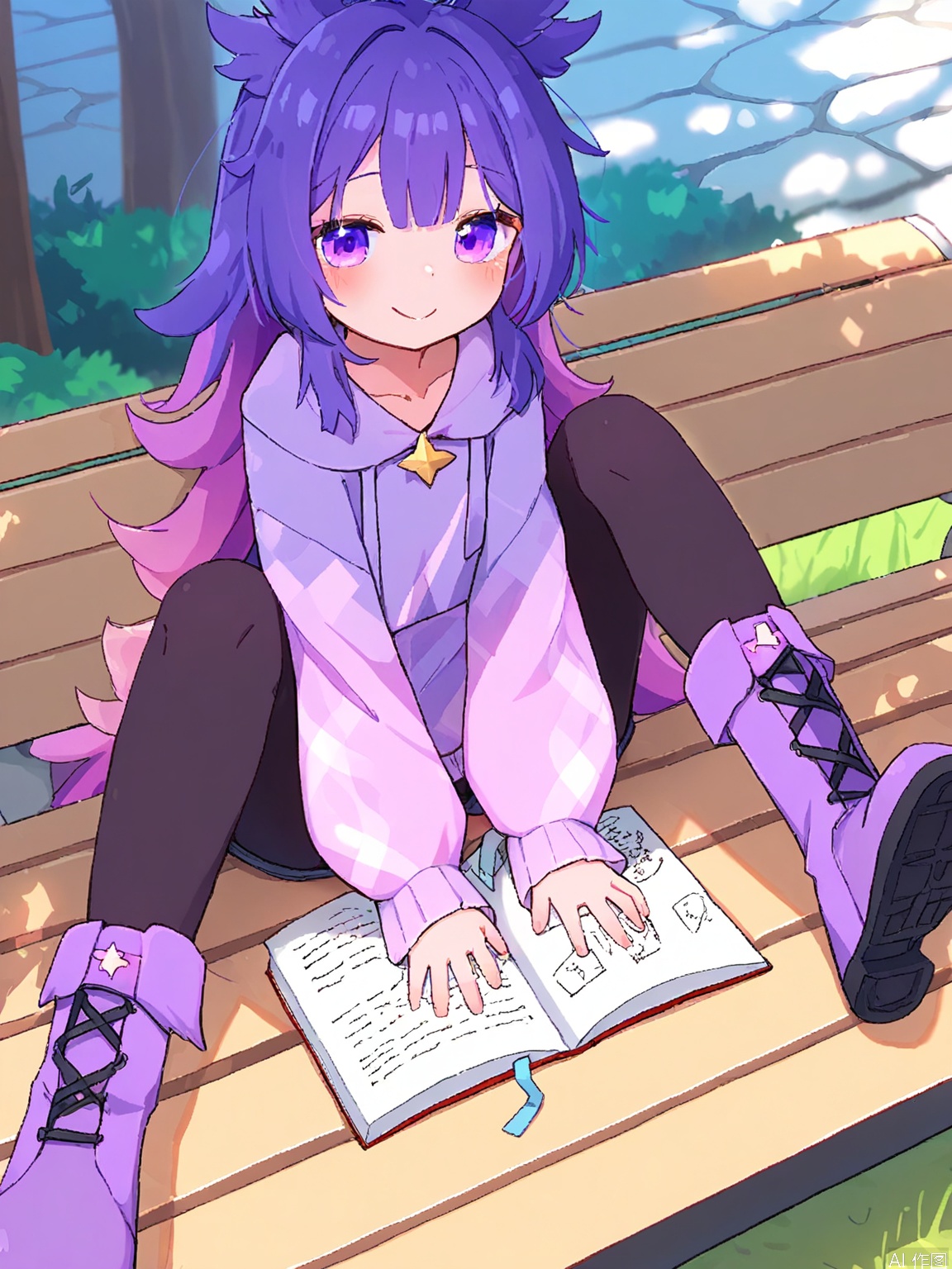 MMD, Anime-style drawing of a cute teenage girl with long, purple hair and owl ears, wearing a lavender sweater with a moon pattern, black leggings, and purple boots with star decorations. She is sitting on a park bench, reading a book with a thoughtful expression, one hand holding a bookmark. The background is a peaceful park with trees and a small pond. The girl has large, wise purple eyes and a gentle smile. The drawing has a calm, mystical color palette.
