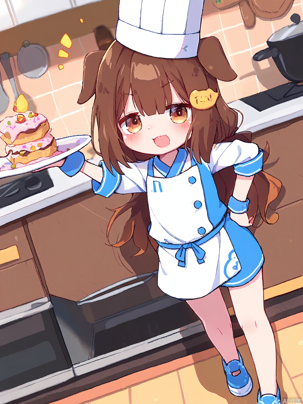MMD, Anime-style drawing of a cheerful young chef with short, brown hair and pig ears (as a playful twist), wearing a white chef's hat, a white apron over a blue chef's uniform, and black chef's shoes. He is holding a platter of delicious-looking cupcakes, smiling proudly, one hand on his hip. The background is a bright, modern kitchen with stainless steel appliances. The chef has warm, brown eyes and a round face. The drawing has a vibrant, food-themed color palette.
