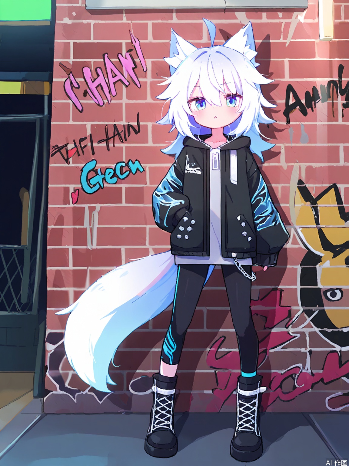 MMD, Anime-style drawing of a charming young man with long, silver hair and wolf ears, wearing a black leather jacket with silver studs, black jeans, and combat boots with silver chains. He is leaning against a brick wall, looking cool and aloof, one hand in his pocket. The background is a dimly lit alleyway with flickering streetlights and graffiti on the walls. The man has intense, icy blue eyes and a sharp jawline. The drawing has a dark, edgy color palette.
