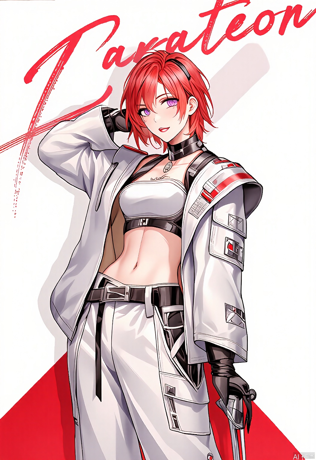 MTF, this is a game character portrait of a fierce warrior woman. She has short, spiky, crimson red hair and intense, piercing green eyes. She wears a suit of sleek, black armor adorned with silver accents, and carries a massive, glowing sword in her right hand. Her stance is powerful and confident, exuding strength and determination. The background is a simple white, enhancing the character's striking presence.