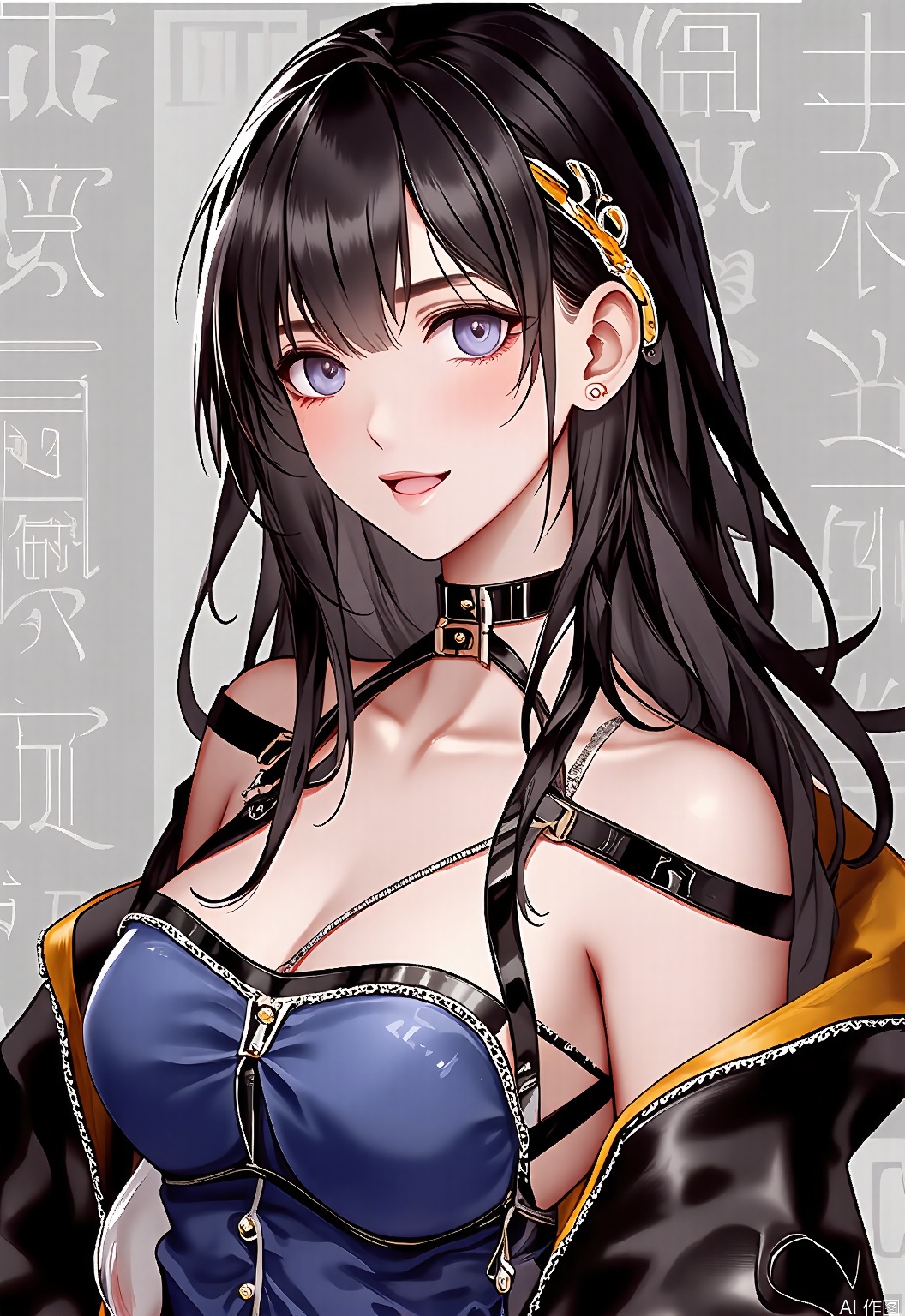 MTF, here's a portrait of a rogue character in a game setting. Her jet-black hair is tied in a loose ponytail, framing a face marked by cunning and agility. Clad in a tight-fitting leather outfit in shades of charcoal and dark blue, she wields twin daggers with ease. The white background emphasizes her stealthy demeanor and readiness for action.