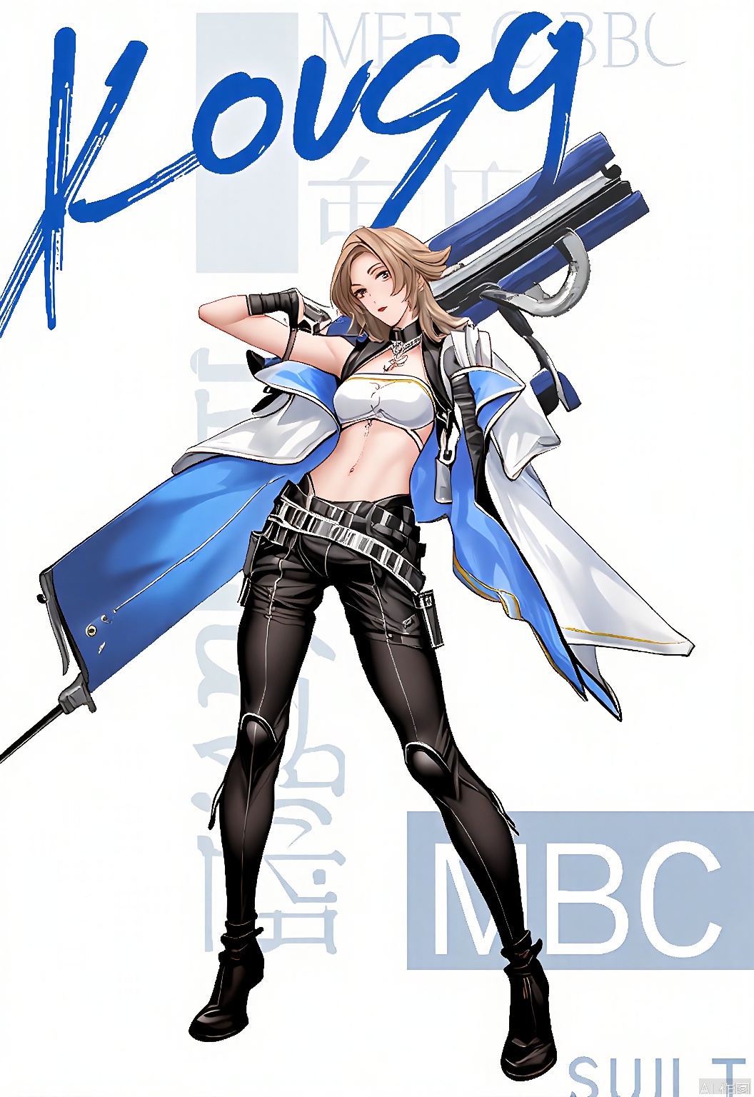 MTF, this depicts a pilot character from a game. Her confident stance and aviator goggles reflect her skill in the skies. Dressed in a sleek flight suit in navy blue and white, she's ready to take to the clouds. The white background underscores her adventurous spirit and aerial prowess.