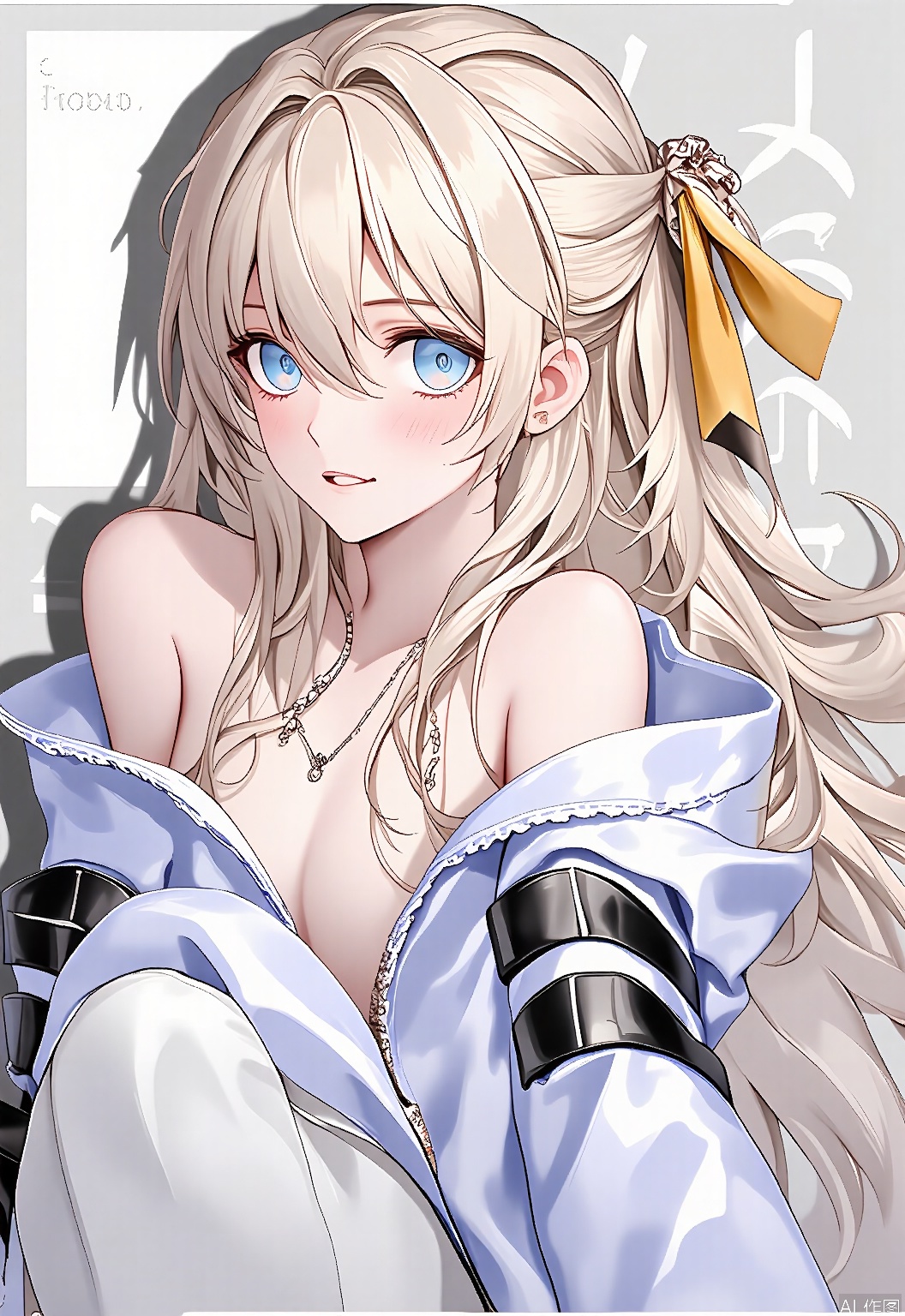 MTF, here's a portrait of a paladin character in a game. Her long, flowing blonde hair contrasts with her stern, resolute expression. She wears plate armor in gleaming white, inscribed with holy symbols, and wields a divine hammer. The simplicity of the white background amplifies her divine aura and unwavering faith.