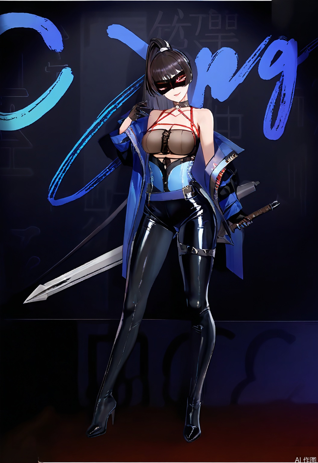 MTF, here's a portrait of a rogue character in a game setting. Her jet-black hair is tied in a loose ponytail, framing a face marked by cunning and agility. Clad in a tight-fitting leather outfit in shades of charcoal and dark blue, she wields twin daggers with ease. The white background emphasizes her stealthy demeanor and readiness for action.