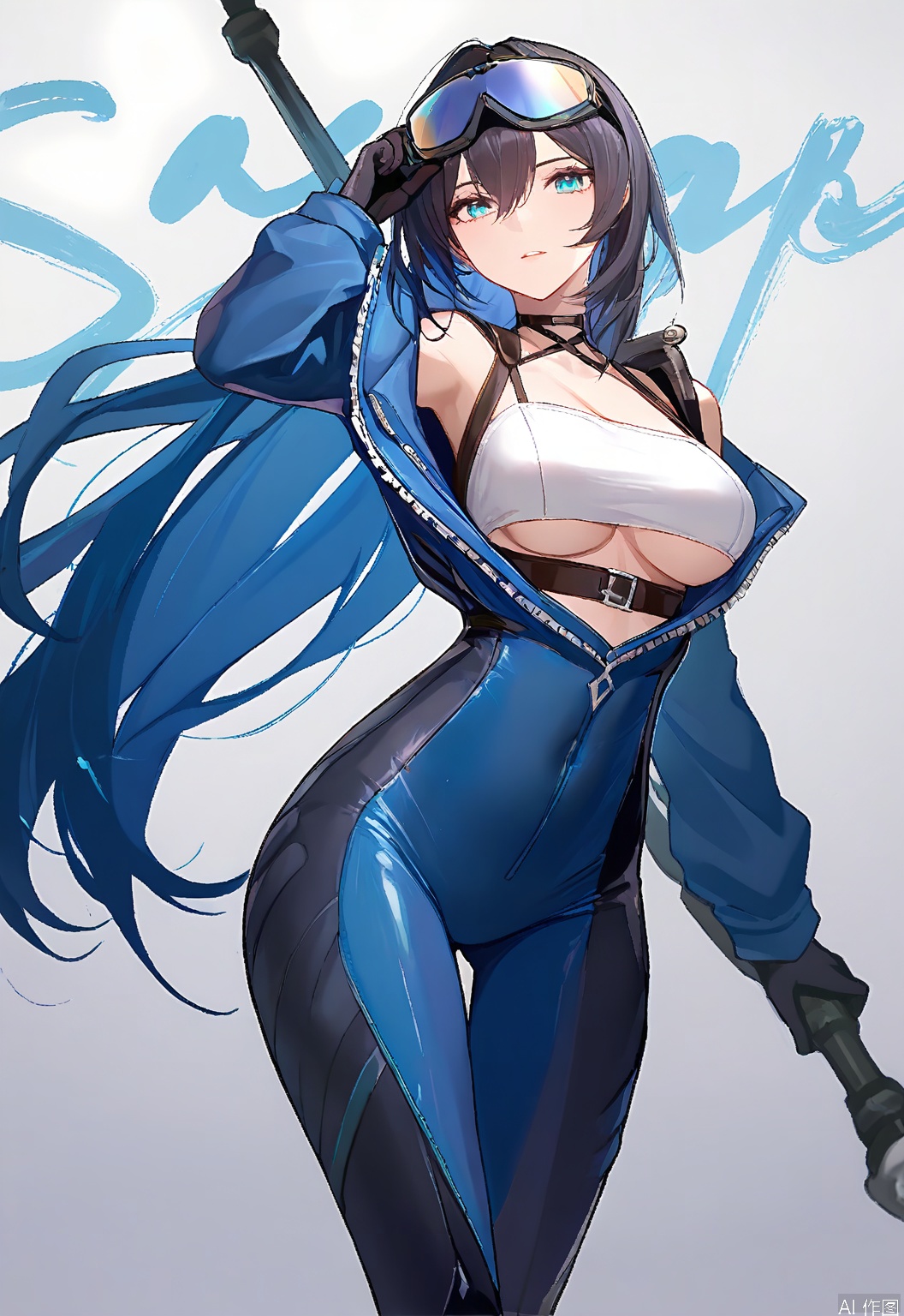 MTF, this depicts a pilot character from a game. Her confident stance and aviator goggles reflect her skill in the skies. Dressed in a sleek flight suit in navy blue and white, she's ready to take to the clouds. The white background underscores her adventurous spirit and aerial prowess.