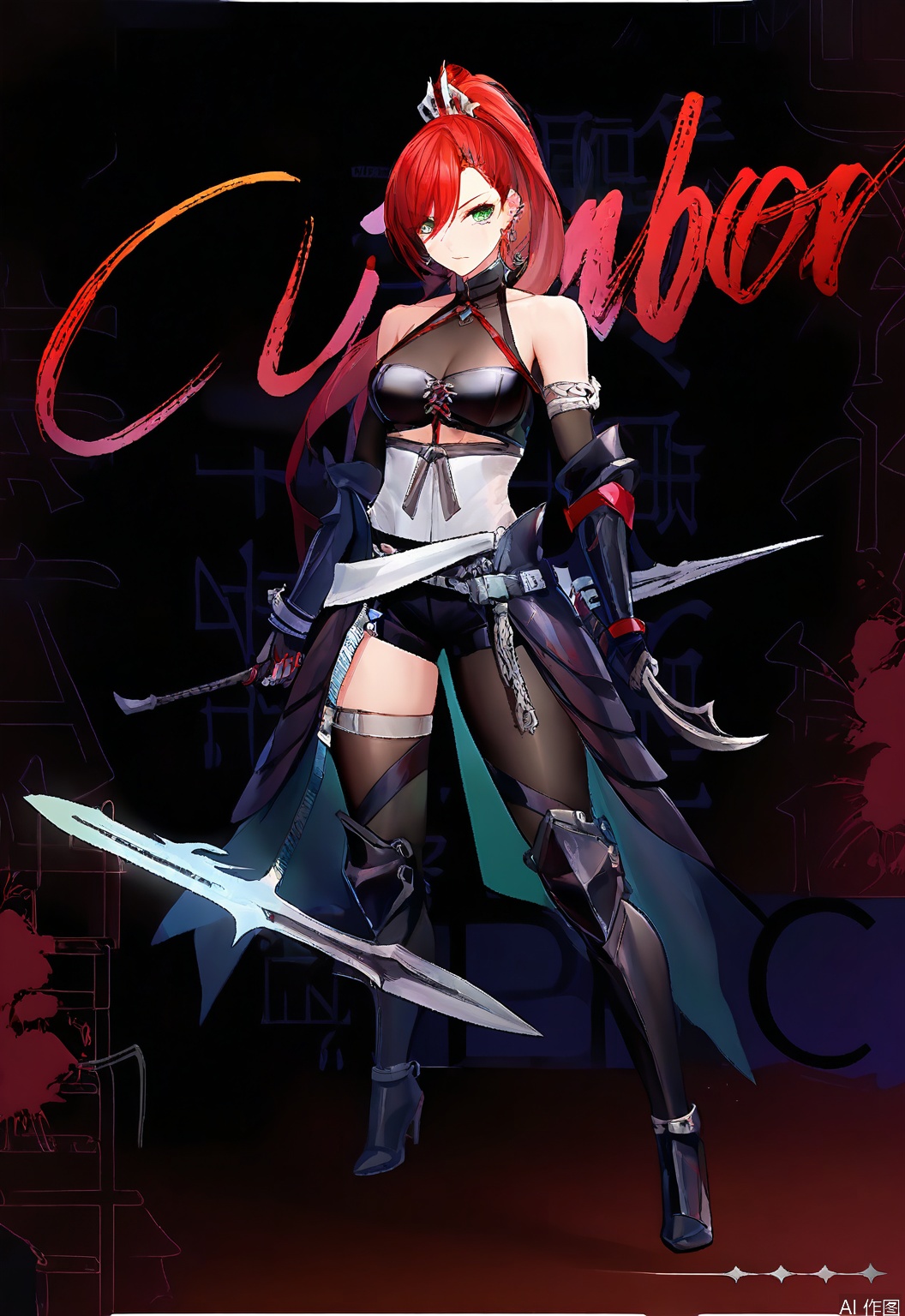 MTF, this is a game character portrait of a fierce warrior woman. She has short, spiky, crimson red hair and intense, piercing green eyes. She wears a suit of sleek, black armor adorned with silver accents, and carries a massive, glowing sword in her right hand. Her stance is powerful and confident, exuding strength and determination. The background is a simple white, enhancing the character's striking presence.