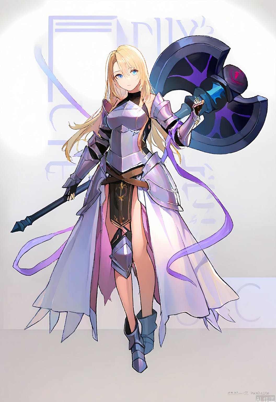MTF, here's a portrait of a paladin character in a game. Her long, flowing blonde hair contrasts with her stern, resolute expression. She wears plate armor in gleaming white, inscribed with holy symbols, and wields a divine hammer. The simplicity of the white background amplifies her divine aura and unwavering faith.