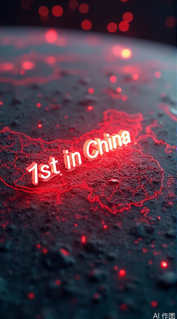 WALLPER, A surreal spatial scene captured from a medium angle with a realistic rendering style. World map. The background is a map of China occupying the large image, presenting exquisite continental contours and ocean textures. The glowing  "1st in China" three-dimensional text above it, emitting a red neon glow and creating a sci-fi atmosphere. The overall color blends cold space and warm light text, highlighting the futuristic sense of space exploration.