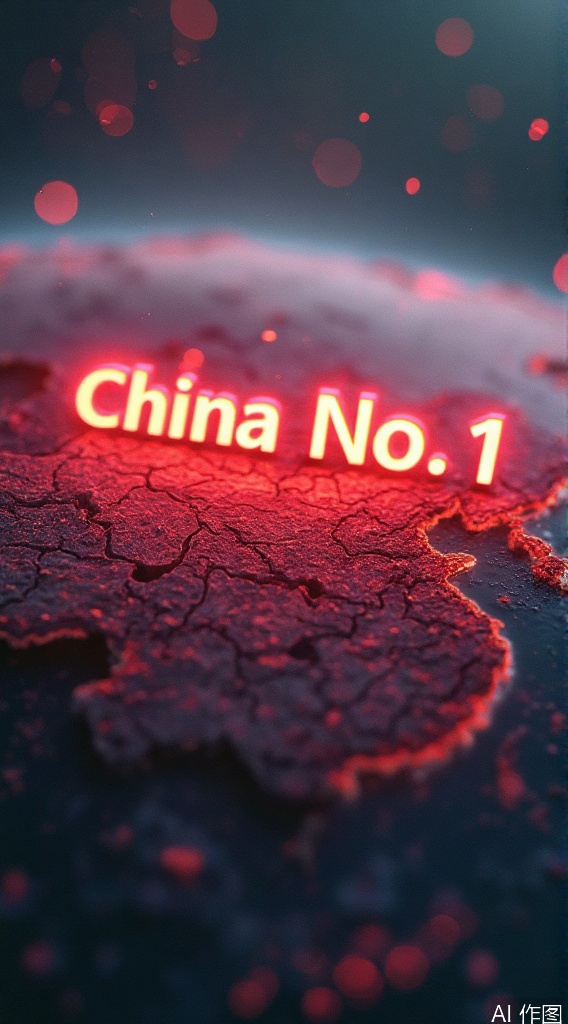 WALLPER, A surreal spatial scene captured from a medium angle with a realistic rendering style. World map. The background is a map of China occupying the large image, presenting exquisite continental contours and ocean textures. The glowing  "China No.1" three-dimensional text above it, emitting a red neon glow and creating a sci-fi atmosphere. The overall color blends cold space and warm light text, highlighting the futuristic sense of space exploration.