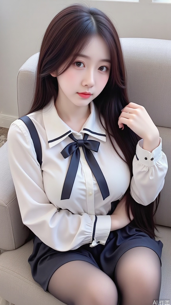 WALLPER, a medium-angle shot of a young Asian woman, large brest, Beautiful woman in a shirt with a bow, wearing a short skirt and stockings