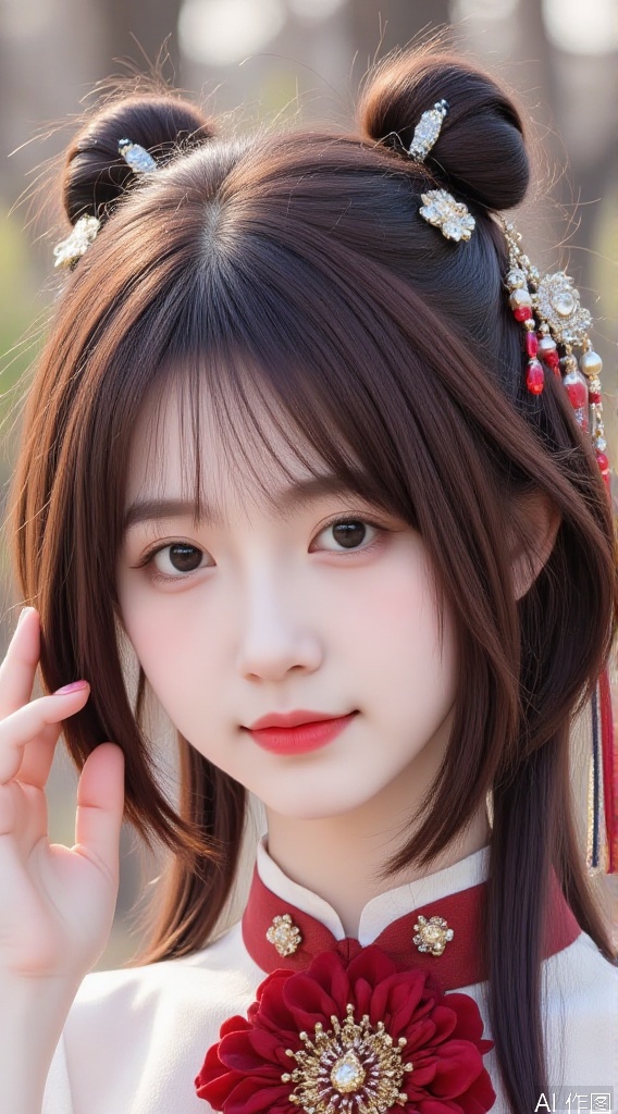 亚洲年轻大胸女性,瓜子脸黑短发,穿修身白西装衬衫,系淡蓝丝绸蝴蝶结,挽袖露银手链,配黑色包臀短裙、肉色丝袜,蹬8 厘米黑色细跟杏仁头高跟鞋。 背景：现代都市风客厅,灰白石砖地,白皮质沙发配深灰几何抱枕,透明茶几放杂志与咖啡,墙上挂抽象艺术画,白色吊灯打光突出身材与面部细节。full-size picture