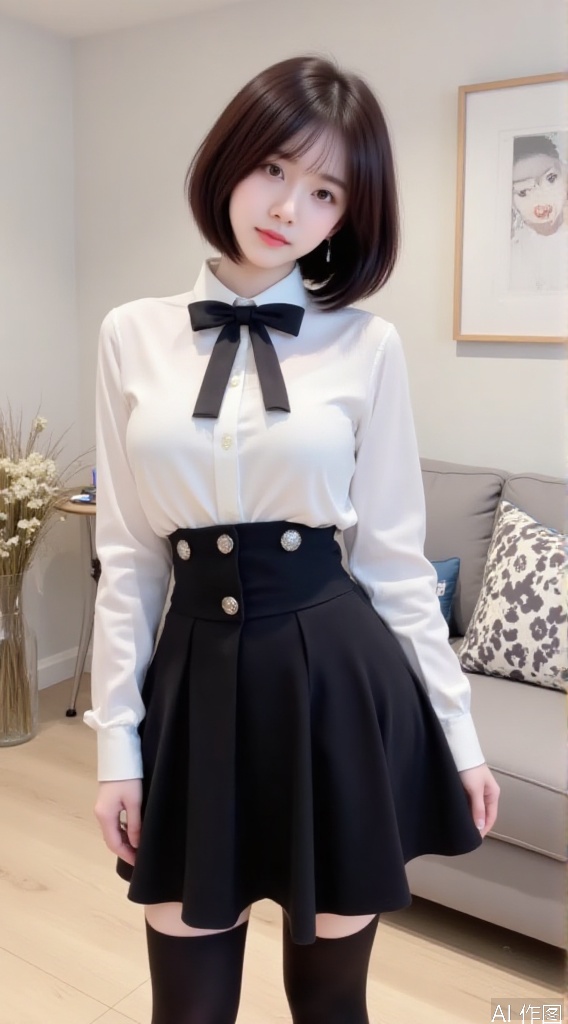 WALLPER, A beautiful Asian young woman with a medium angle, large breasts, wearing a bow tie men's shirt, short skirt, and long stockings, standing in the living room against the background