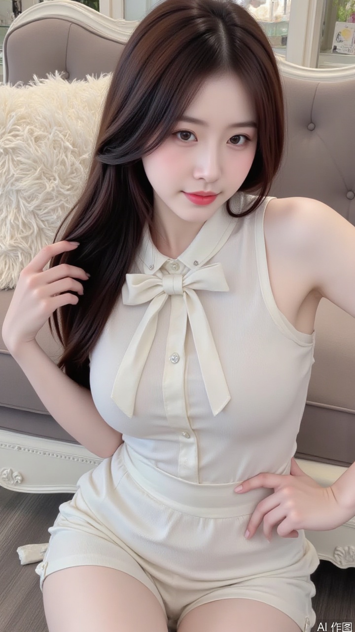 WALLPER, a medium-angle shot of a young Asian woman, large brest, Beautiful woman in a shirt with a bow, wearing a short skirt and stockings,The background is the living room