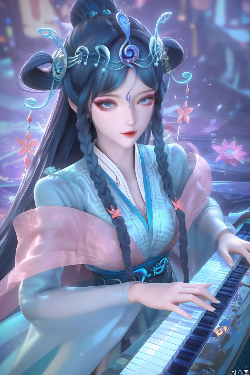 score_9,score_8_up,score_7_up,1girl,solo,long hair,looking at viewer,blue eyes,hair ornament,hair rings,,blue hair,braid,flower,twin braids,makeup,facial mark,forehead mark,flower,blue dress,chinese clothes,blurry background,piano,music,playing instrument,instrument,Musical Symbol,Musical notation,
