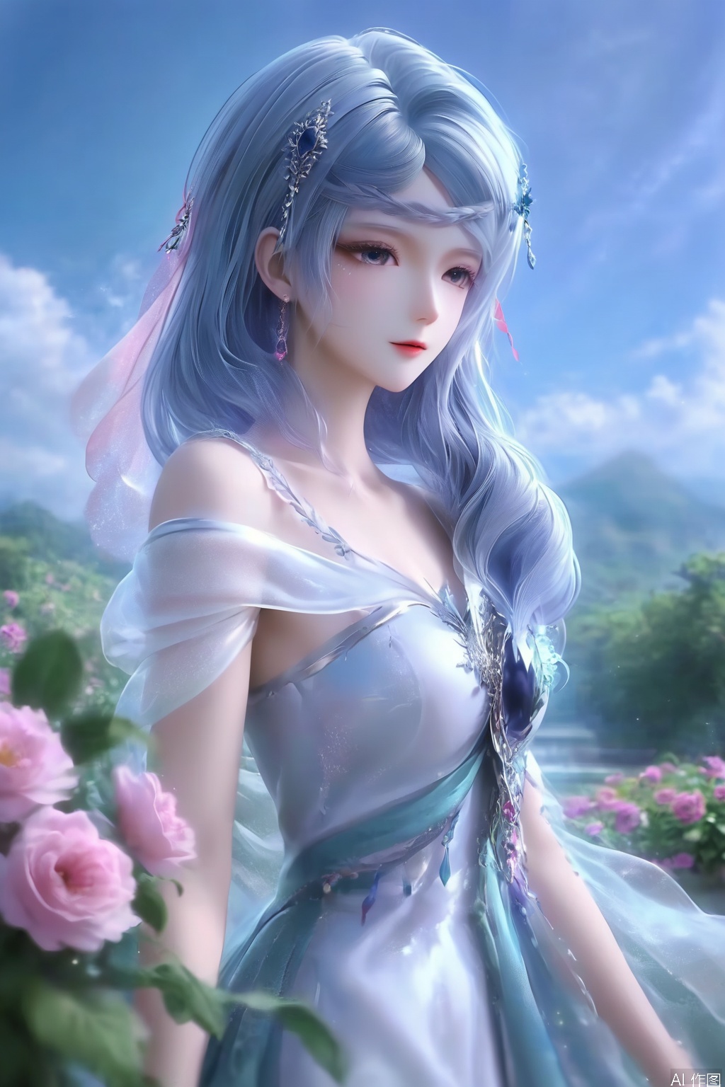 anime girl, long blue hair, dress with off - shoulder style, blue - white color, pink bow, surrounded by green plants and pink flowers, beautiful outdoor scene, clear sky, high - definition, exquisite drawing, masterpiece