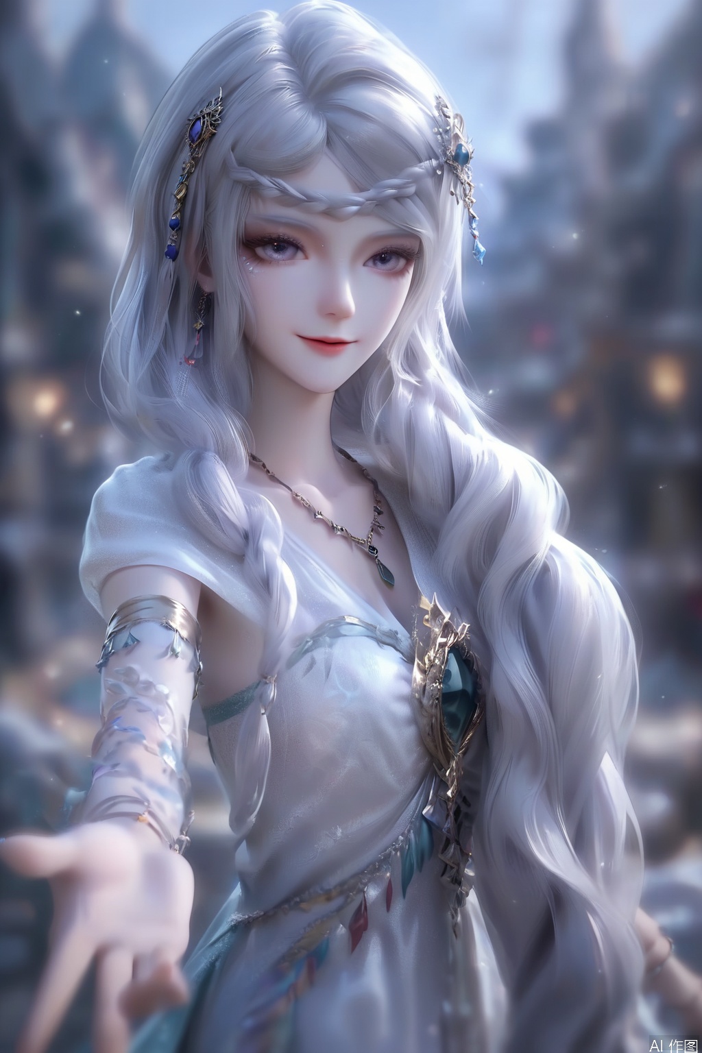 score_9,score_8_up,score_7_up,1girl,solo,looking at viewer,long hair,dress,hair ornament,jewelry,necklace,very long hair,braid,white hair,necklace,white dress,bracelet,blurry background,smile,reaching_out,portrait,pov,A clear hand