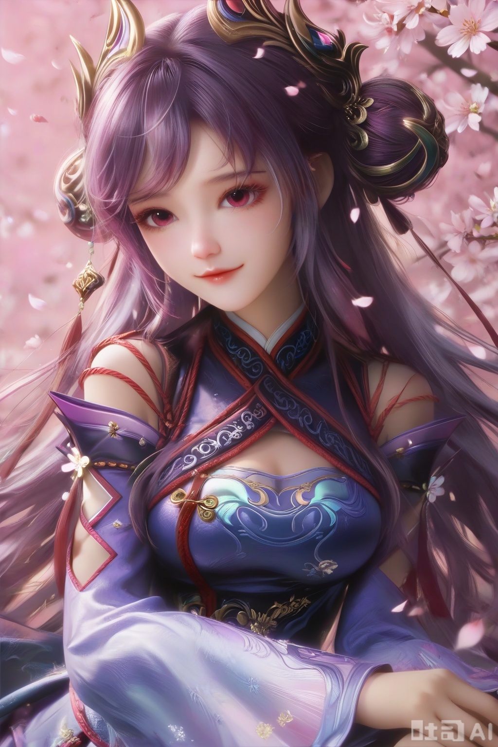 masterpiece, best quality, masterpiece,best quality,official art,extremely detailed CG unity 8k wallpaper, ,1girl,solo,looking at viewer,long hair,purple hair,hair ornament,dress,detached sleeves,lips,Cherry Blossoms,petals,pink background,pink theme,(facing viewer:1.3),(happiness:1.2),happiness,happiness,chinese clothes,pov,