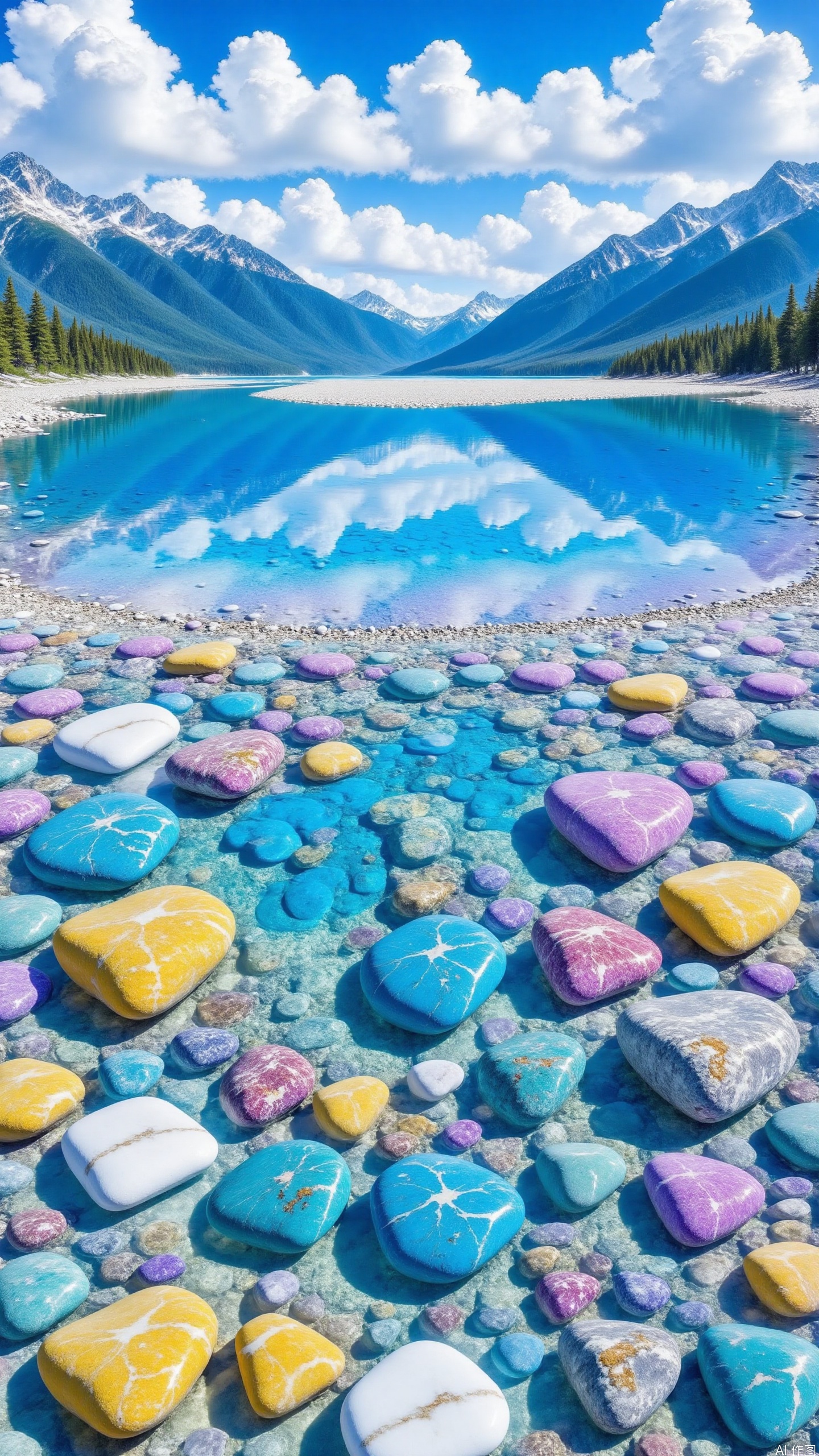 Watercolor style. scenery. Blue sky. white clouds. mountain range. The lake. Colorful stones.
