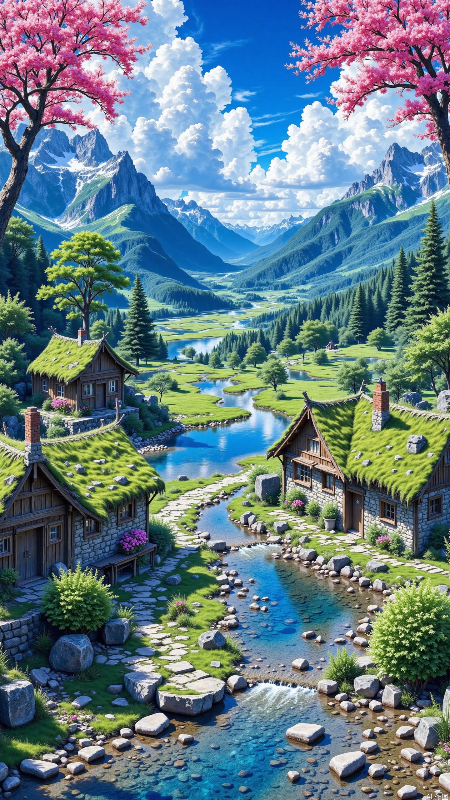 Watercolor style. Under the blue sky and white clouds, towering mountains stretch endlessly. Pink flowers fill the trees, and green vegetation flourishes. A quaint cottage by the stream, with a roof covered in moss. The water surface is calm like a mirror, reflecting the surrounding scenery. A fresh, natural, leisurely and beautiful scenery of mountains, waters and countryside.