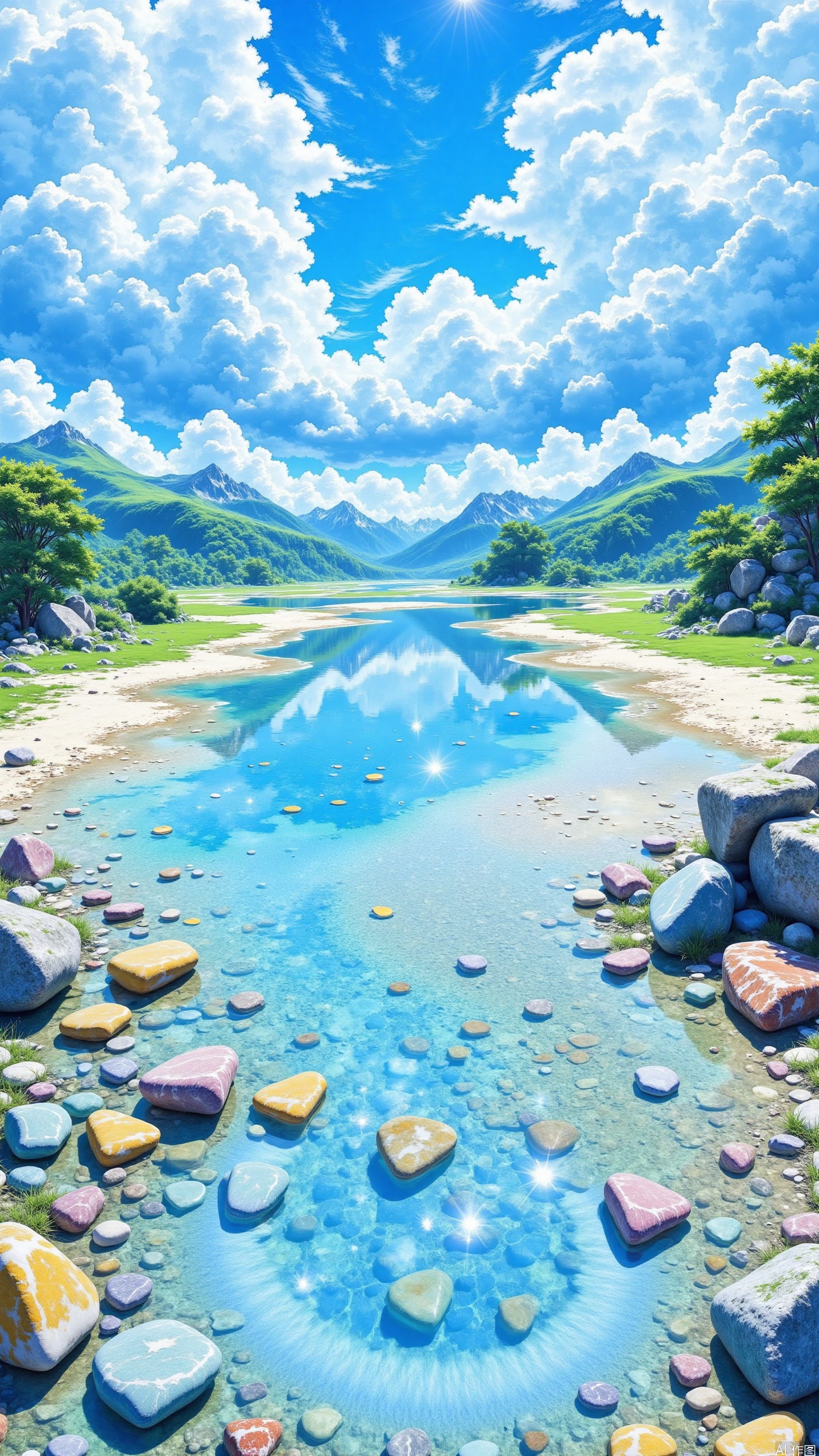 Watercolor style. Illustration. CG. Scenery. The blue sky and white clouds. The lake. Colored stones.