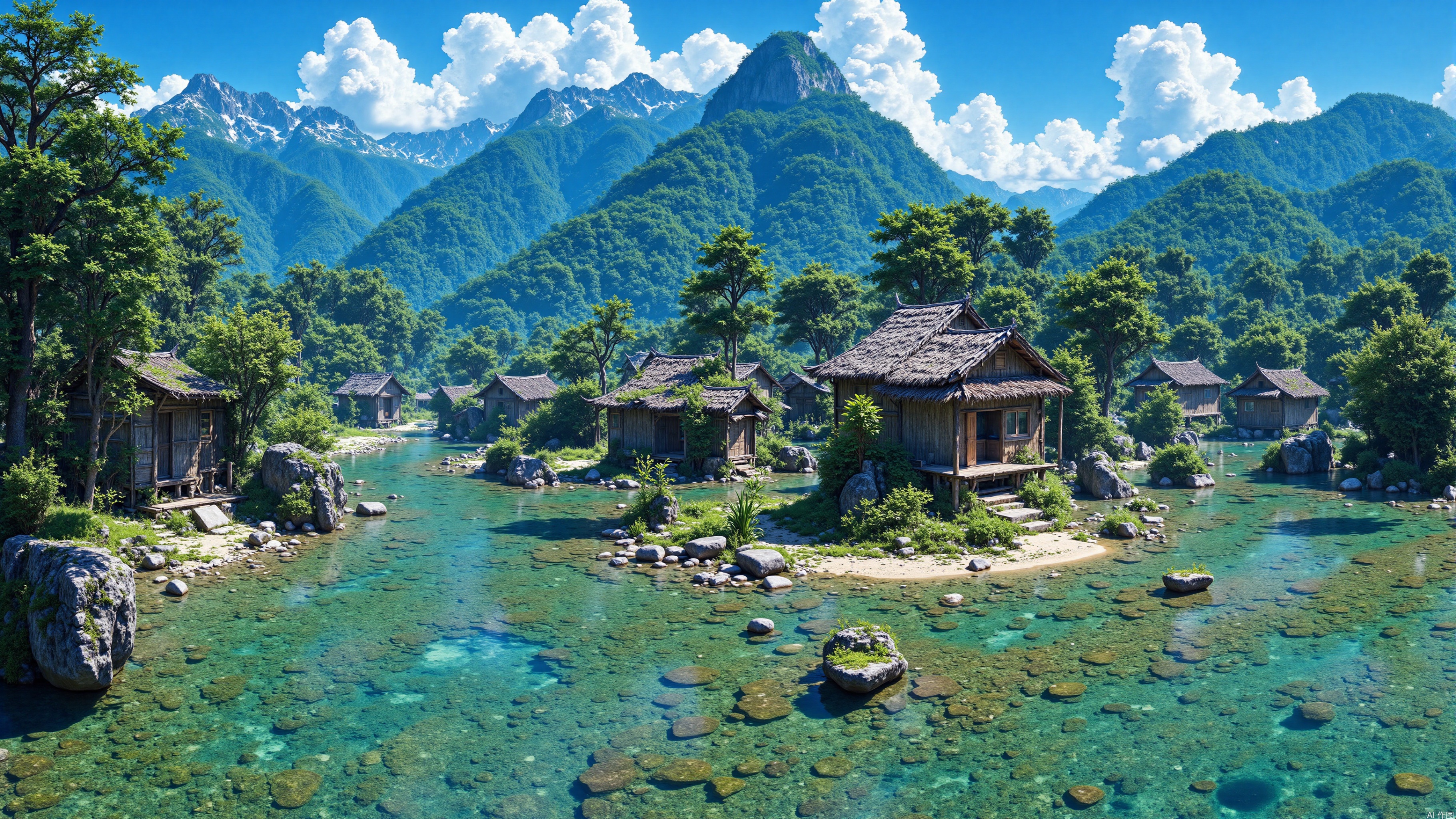 - Overall: Present a tranquil and beautiful scene of a natural village, just like a paradise - like land. Integrate elements such as mountains, waters, architecture, and vegetation to create a harmonious and pleasant atmosphere.
- Style: Realistic style. Vividly and delicately reproduce the forms and textures of natural scenery and traditional architecture, with some artistic processing to make the picture full of aesthetic feeling and artistic conception.
- Image Quality: Ultra - high - definition. The picture is clear and sharp, with bright and full colors that transition naturally. The lighting is soft and realistic, and every detail is exquisitely presented.
- Foreground: In the clear - bottomed water area, there are dense green waterweeds. The textures of the stones at the bottom of the water are clearly visible. There are also rugged and unique - shaped strange rocks covered with green plants.
- Middle Ground: Simple and unsophisticated traditional wooden houses with thatched roofs. The architectural structure is exquisite, and the layout of doors and windows is orderly. They are scattered around the water area, blending with the surrounding natural environment.
- Background: The lush and green mountains and forests undulate continuously. Tall trees are full of branches and leaves. The distant mountain ranges have a clear outline and rich layers against the backdrop of the blue sky and white clouds.