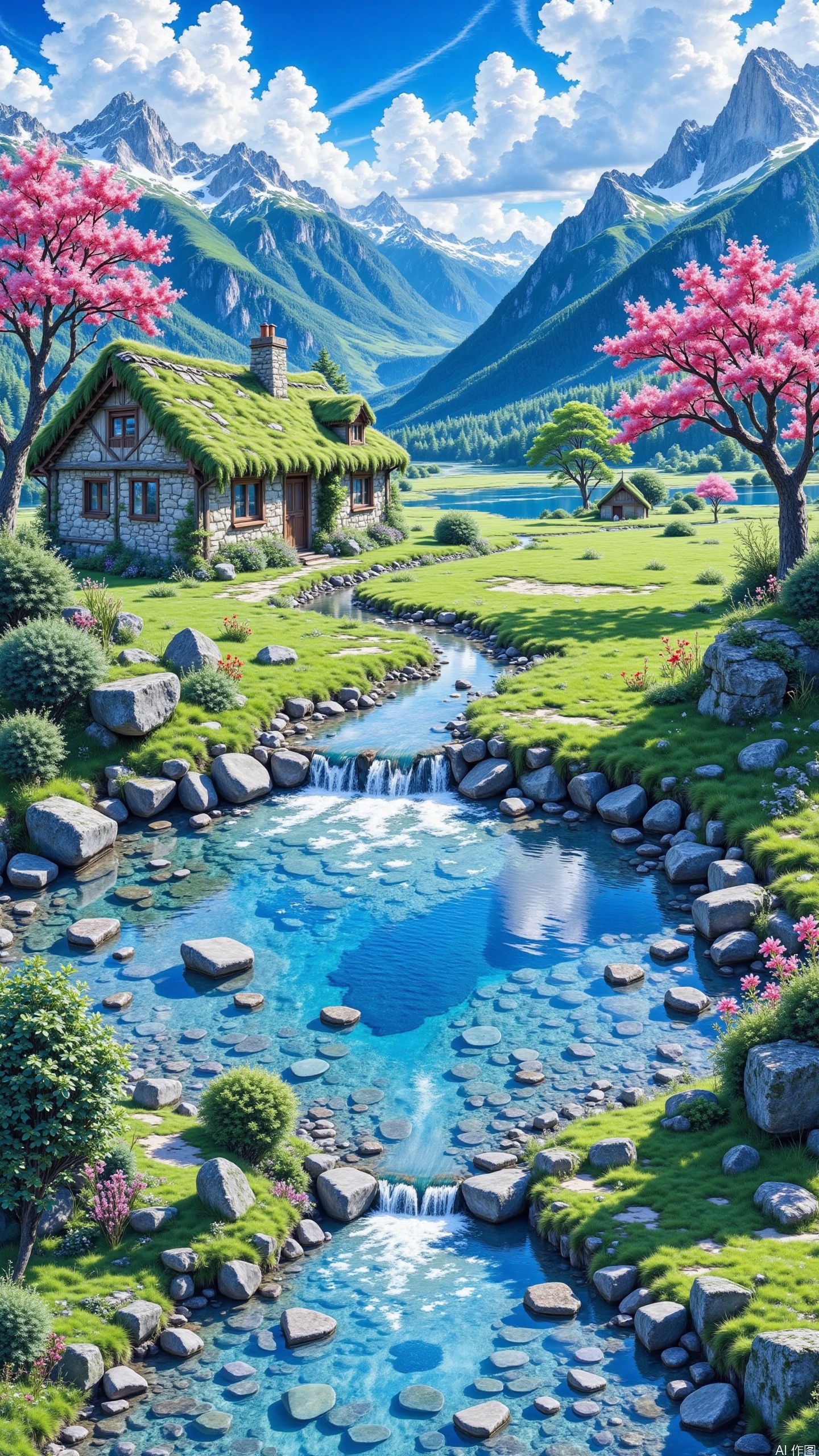 Watercolor style. Under the blue sky and white clouds, towering mountains stretch endlessly. Pink flowers fill the trees, and green vegetation flourishes. A quaint cottage by the stream, with a roof covered in moss. The water surface is calm like a mirror, reflecting the surrounding scenery. A fresh, natural, leisurely and beautiful scenery of mountains, waters and countryside.