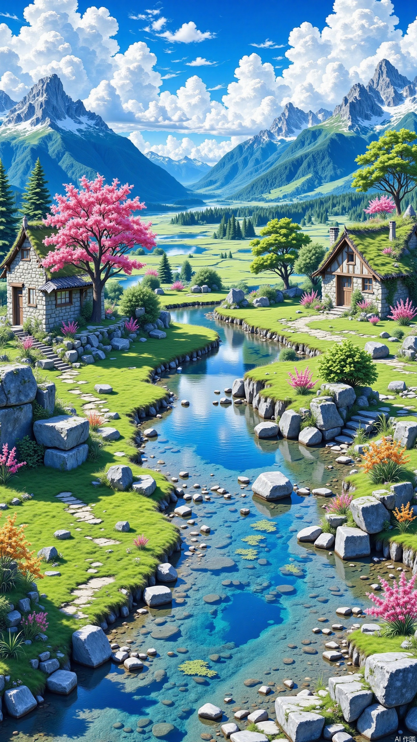 Watercolor style. Under the blue sky and white clouds, towering mountains stretch endlessly. Pink flowers fill the trees, and green vegetation flourishes. A quaint cottage by the stream, with a roof covered in moss. The water surface is calm like a mirror, reflecting the surrounding scenery. A fresh, natural, leisurely and beautiful scenery of mountains, waters and countryside.