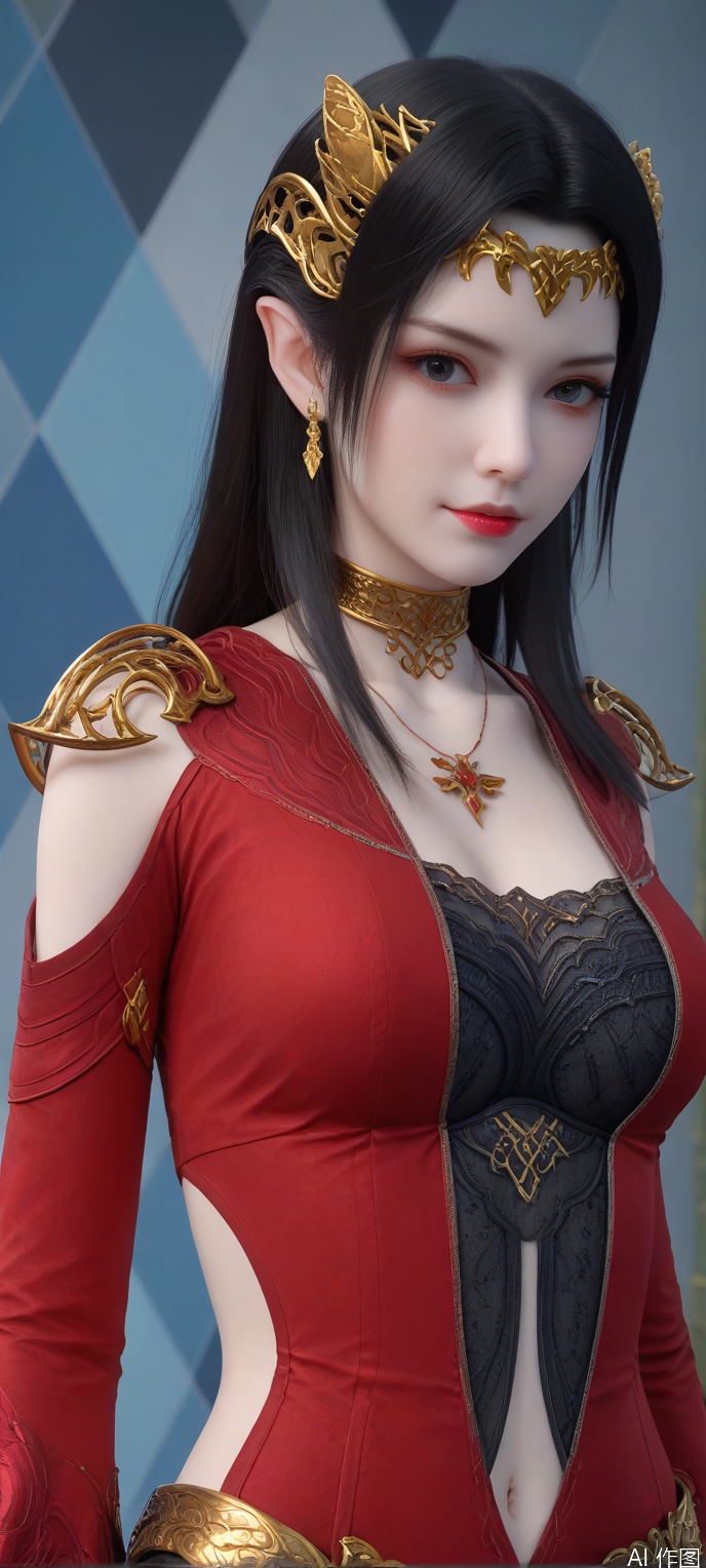 (high definition, Best quality, masterpiece, 4K, exquisite skin), 1girl, solo, breasts, looking at viewer, (diamond and beam background:1.1), upper_body,turning around