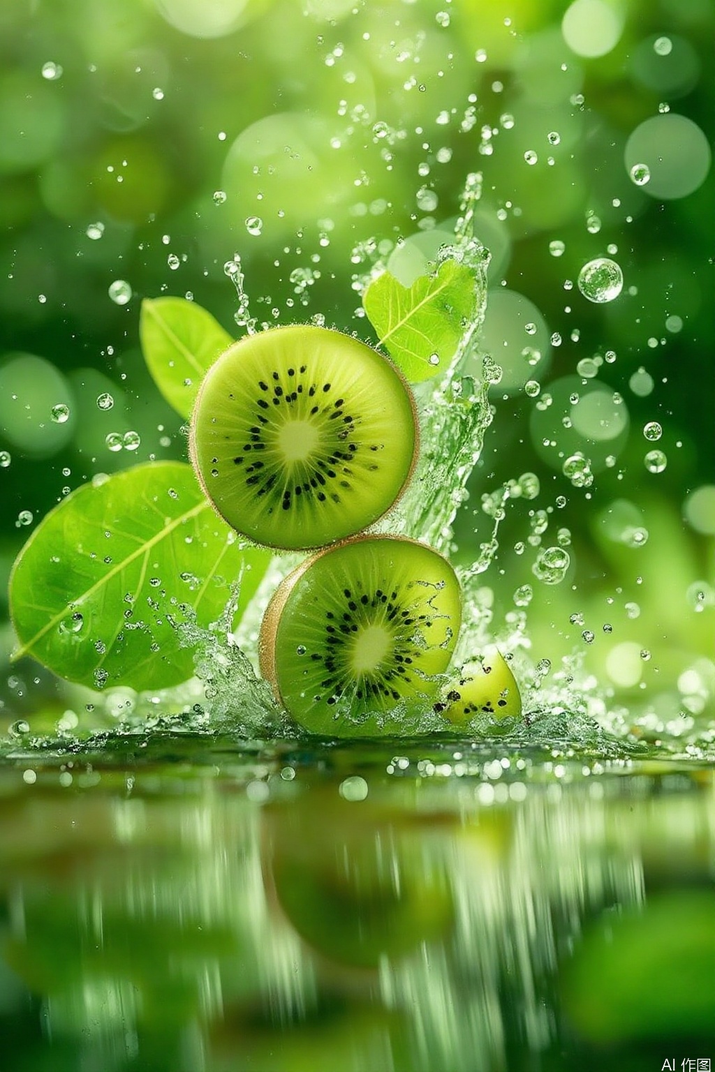 E-commerce Poster,The image depicts a vibrant and dynamic scene of a kiwi fruit in the foreground. The kiwi is sliced into two pieces,with one piece,prominently displayed against the backdrop of water droplets that appear to be splashing. The fruit is surrounded by green leaves,suggesting a natural,outdoor setting. The lighting is bright and natural,with sunlight creating a bokeh effect in the background,adding a sense of depth and highlighting the freshness of the fruit. The overall composition is visually striking,capturing the essence of a refreshing,nature-inspired moment.
