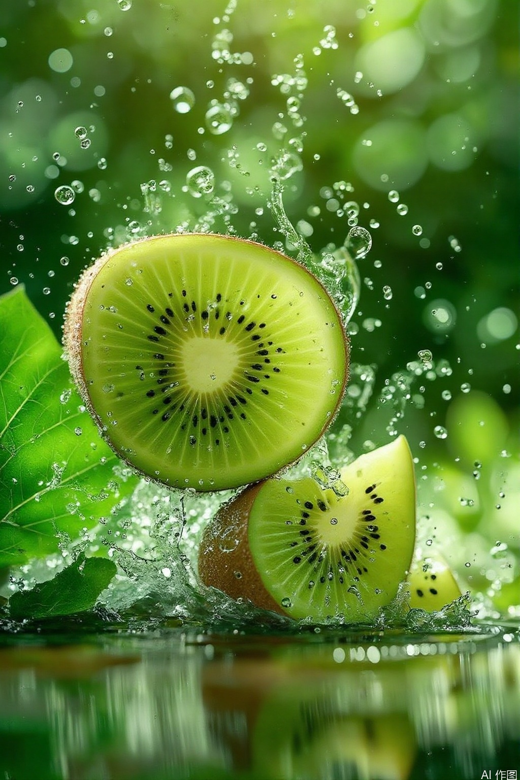 E-commerce Poster,The image depicts a vibrant and dynamic scene of a kiwi fruit in the foreground. The kiwi is sliced into two pieces,with one piece,prominently displayed against the backdrop of water droplets that appear to be splashing. The fruit is surrounded by green leaves,suggesting a natural,outdoor setting. The lighting is bright and natural,with sunlight creating a bokeh effect in the background,adding a sense of depth and highlighting the freshness of the fruit. The overall composition is visually striking,capturing the essence of a refreshing,nature-inspired moment.
