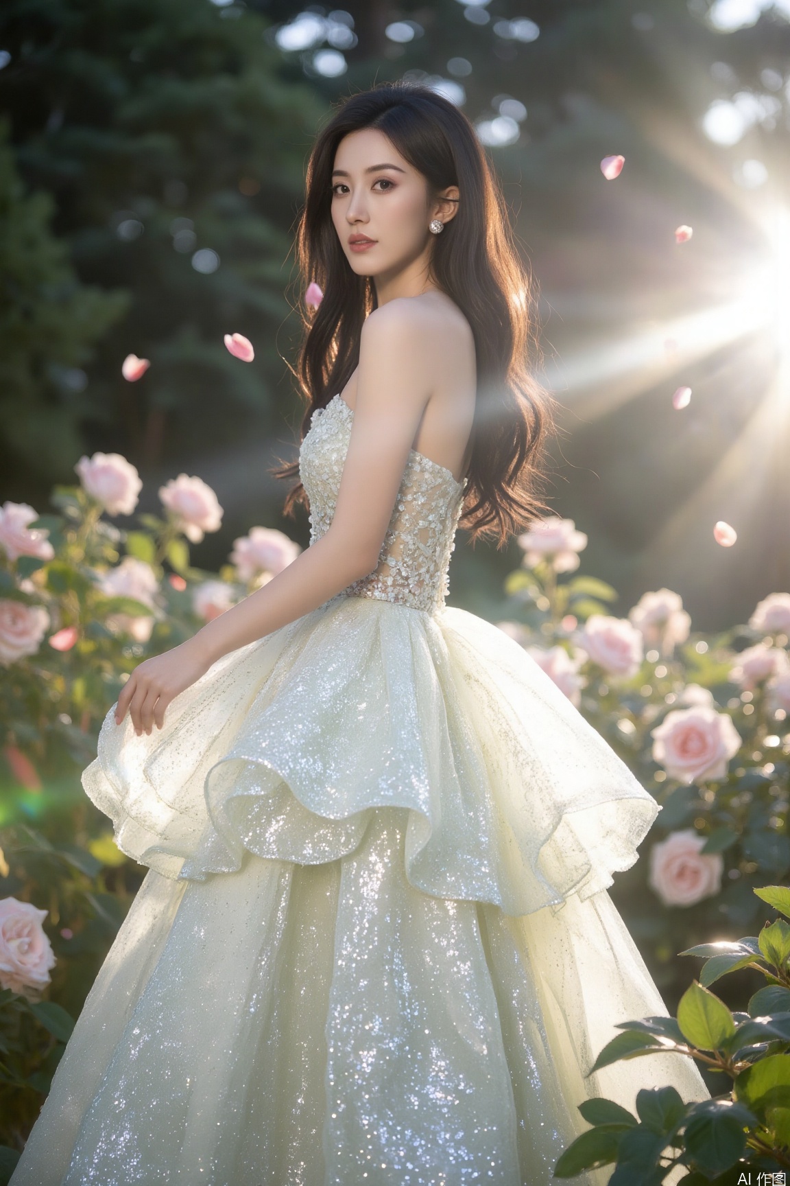 Draped in pearl-white ombré tulle amidst dewy roses, the model basks in soft-focus morning light. Triple-layer skirt refracts golden-pink-mother-of-pearl hues, with dewdrops acting as magnifying lenses for sequin details. Backlighting outlines her silhouette with solar glow, while floating petals leave luminous trails in the crisp garden air.