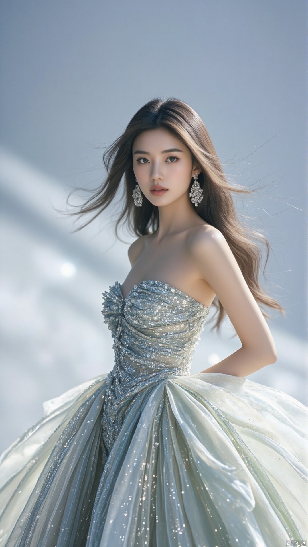 An alluring female model exudes elegance as she stands there, wrapped in a magnificent, sparkling dress that drapes gracefully over her body. Her hair flows softly, and her eyes are captivating. The close - up view accentuates her features and the intricate details of the dress, with a blurred, simple background putting the spotlight on her.