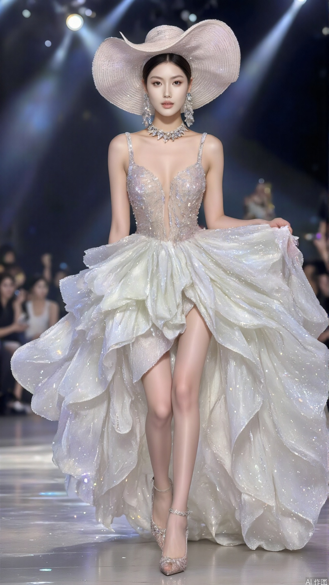 plns,sparkling dress,shiny hat, A woman in a luxurious haute - couture dress walks steadily with her skirt flying. The intersecting lights on the runway in the background create a dreamy fashion show effect., full body,shiny high heels,embossed high heels,flesh-colored pantyhose